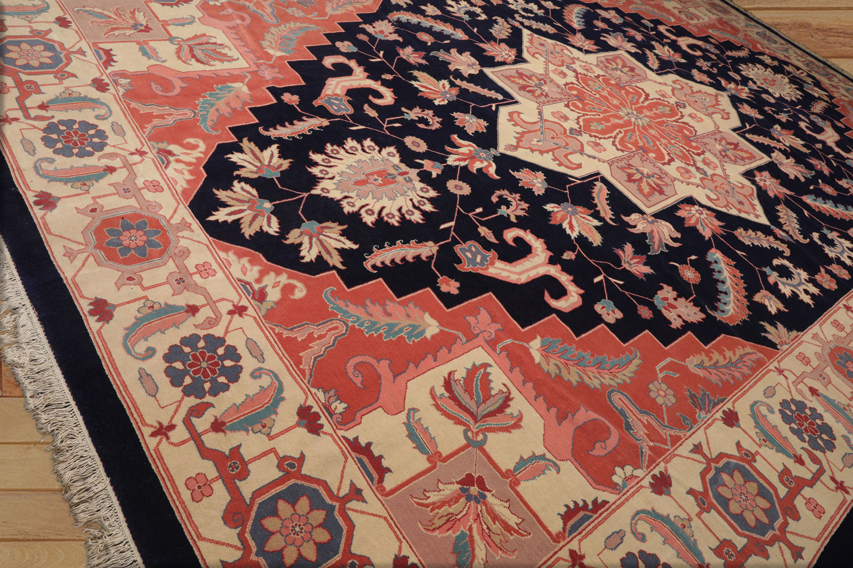 Palace Navy, Peach, Ivory Color Hand Knotted All-Over 100% Wool Traditional Oriental Rug