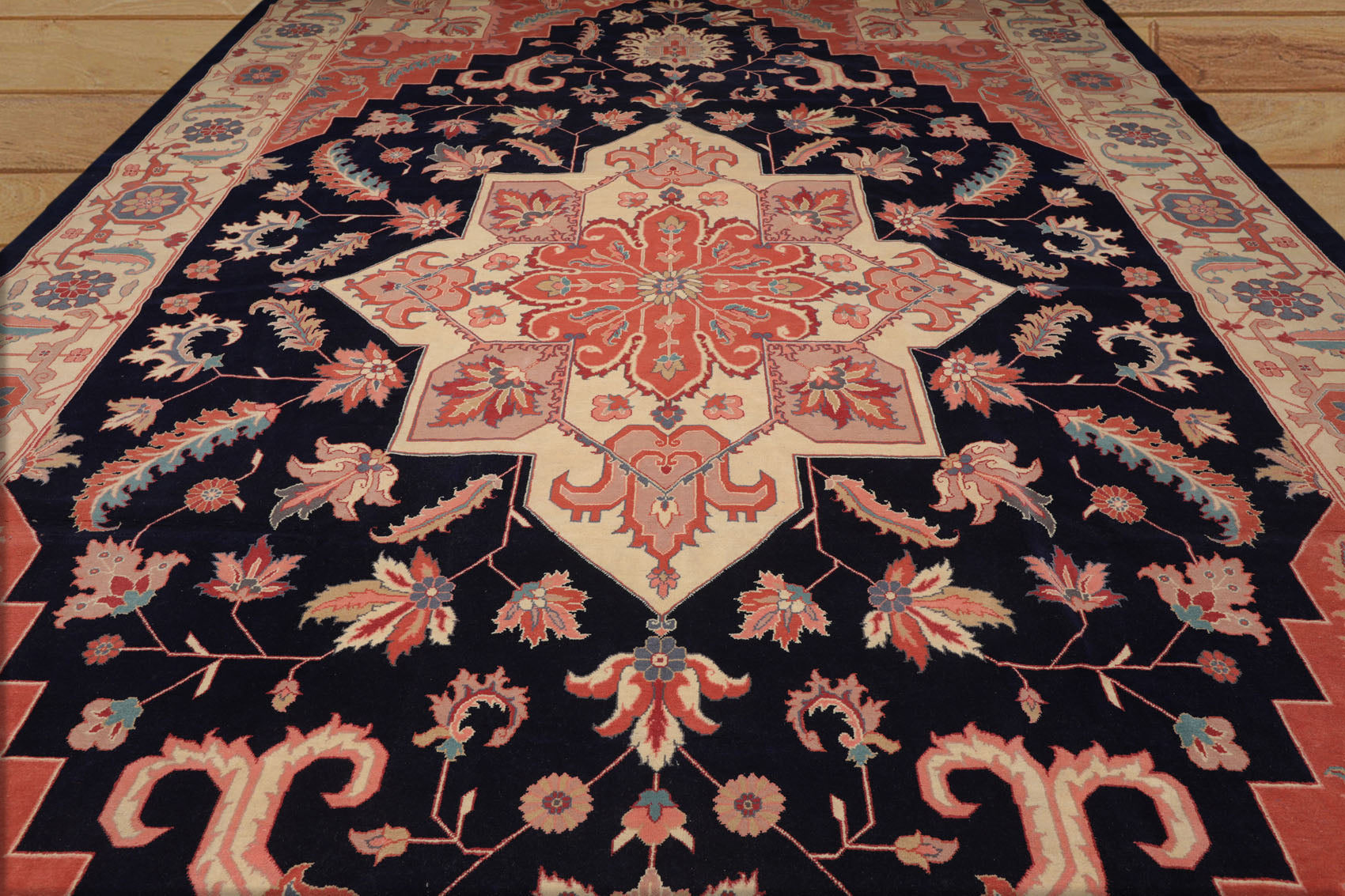Palace Navy, Peach, Ivory Color Hand Knotted All-Over 100% Wool Traditional Oriental Rug