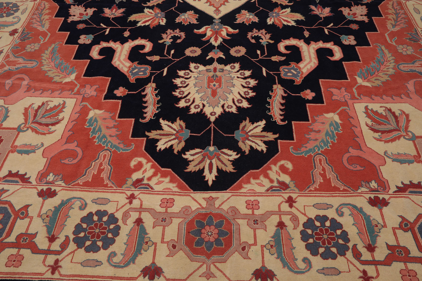 Palace Navy, Peach, Ivory Color Hand Knotted All-Over 100% Wool Traditional Oriental Rug