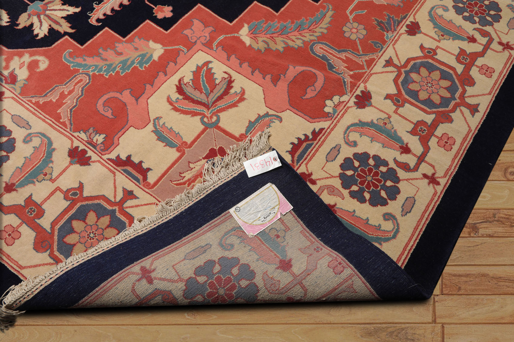 Palace Navy, Peach, Ivory Color Hand Knotted All-Over 100% Wool Traditional Oriental Rug