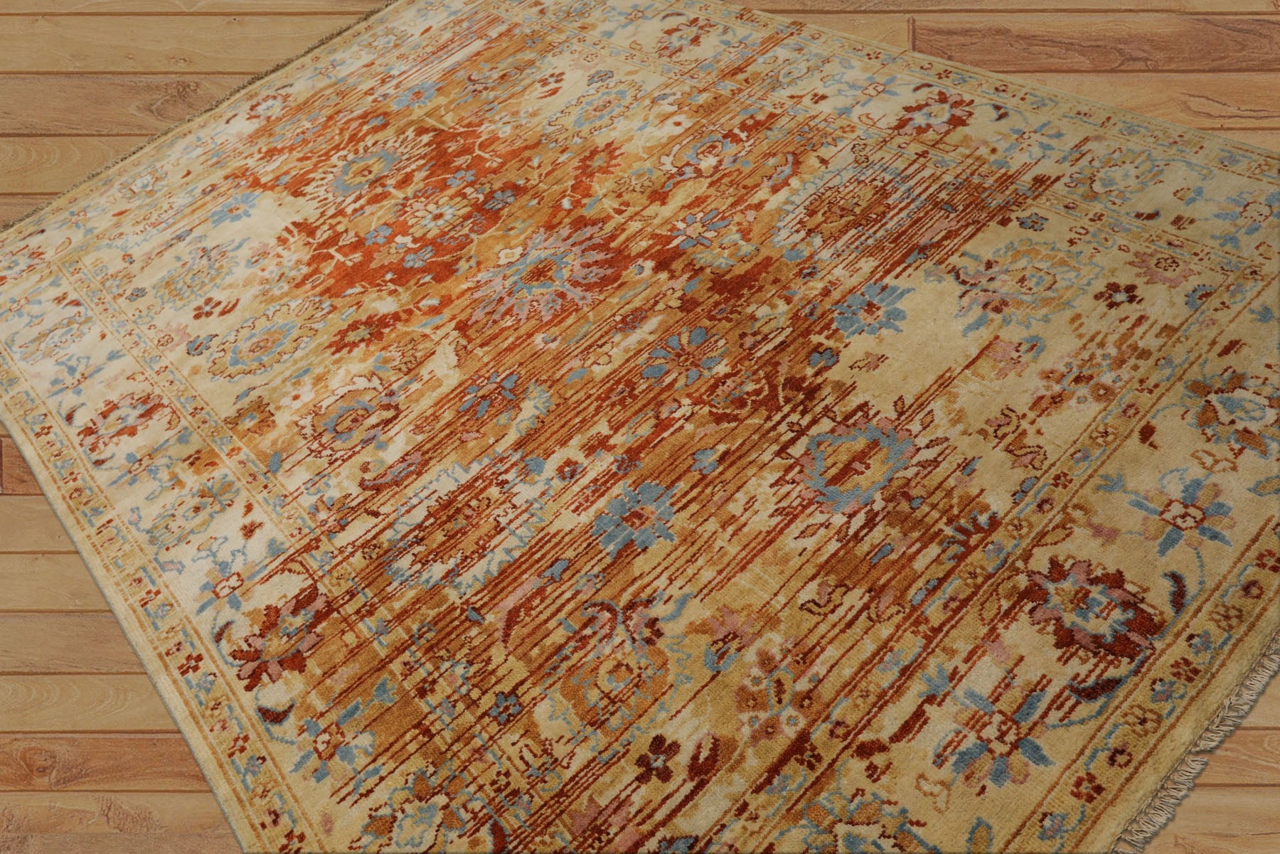 6x9 Burnt Orange, Light Gold, Aqua Color Hand Knotted Oushak Wool Traditional Oriental Rug