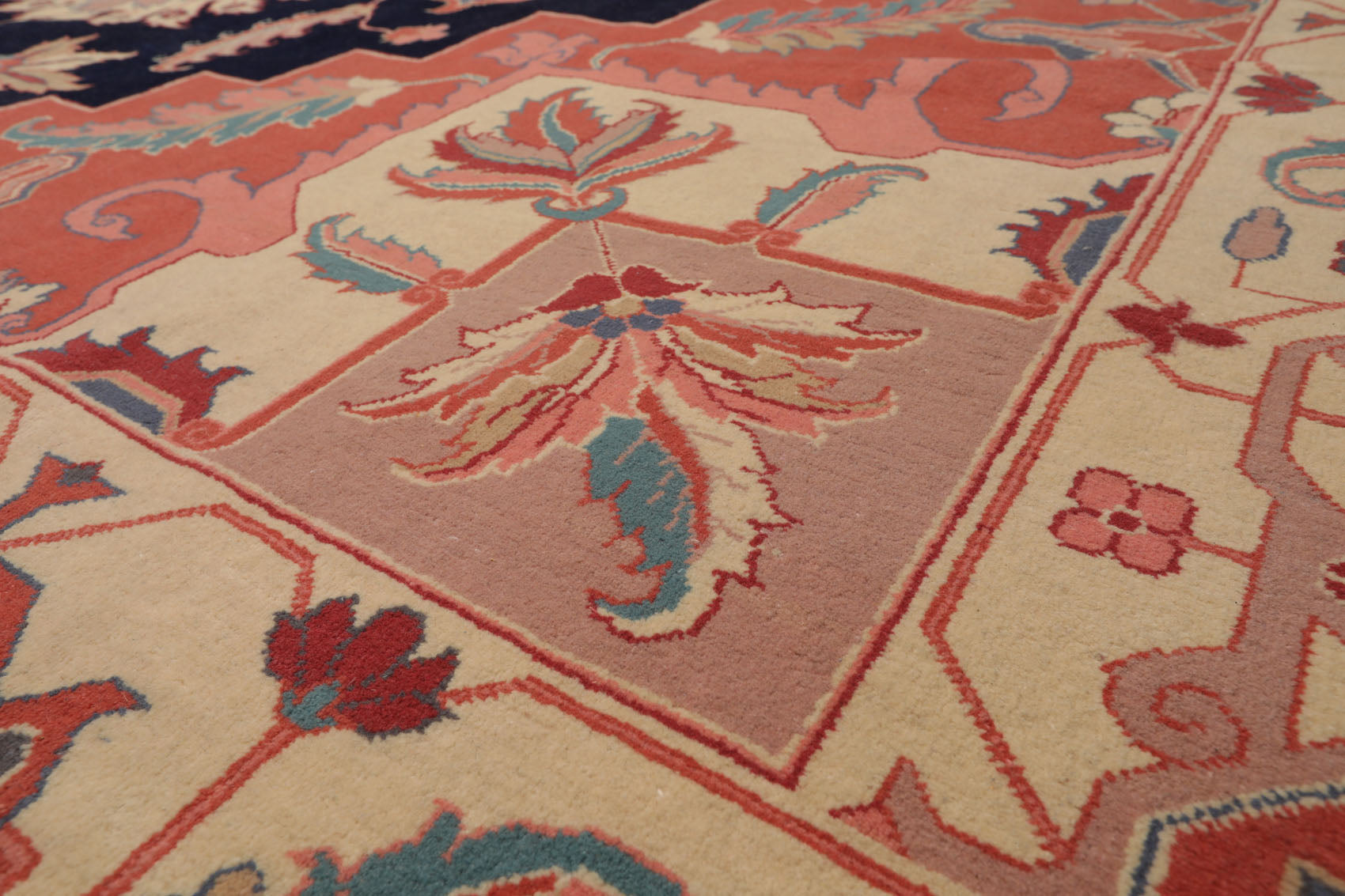 Palace Navy, Peach, Ivory Color Hand Knotted All-Over 100% Wool Traditional Oriental Rug