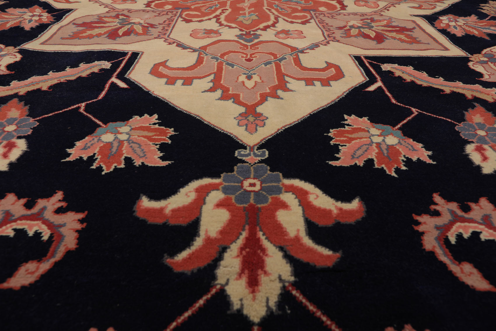 Palace Navy, Peach, Ivory Color Hand Knotted All-Over 100% Wool Traditional Oriental Rug