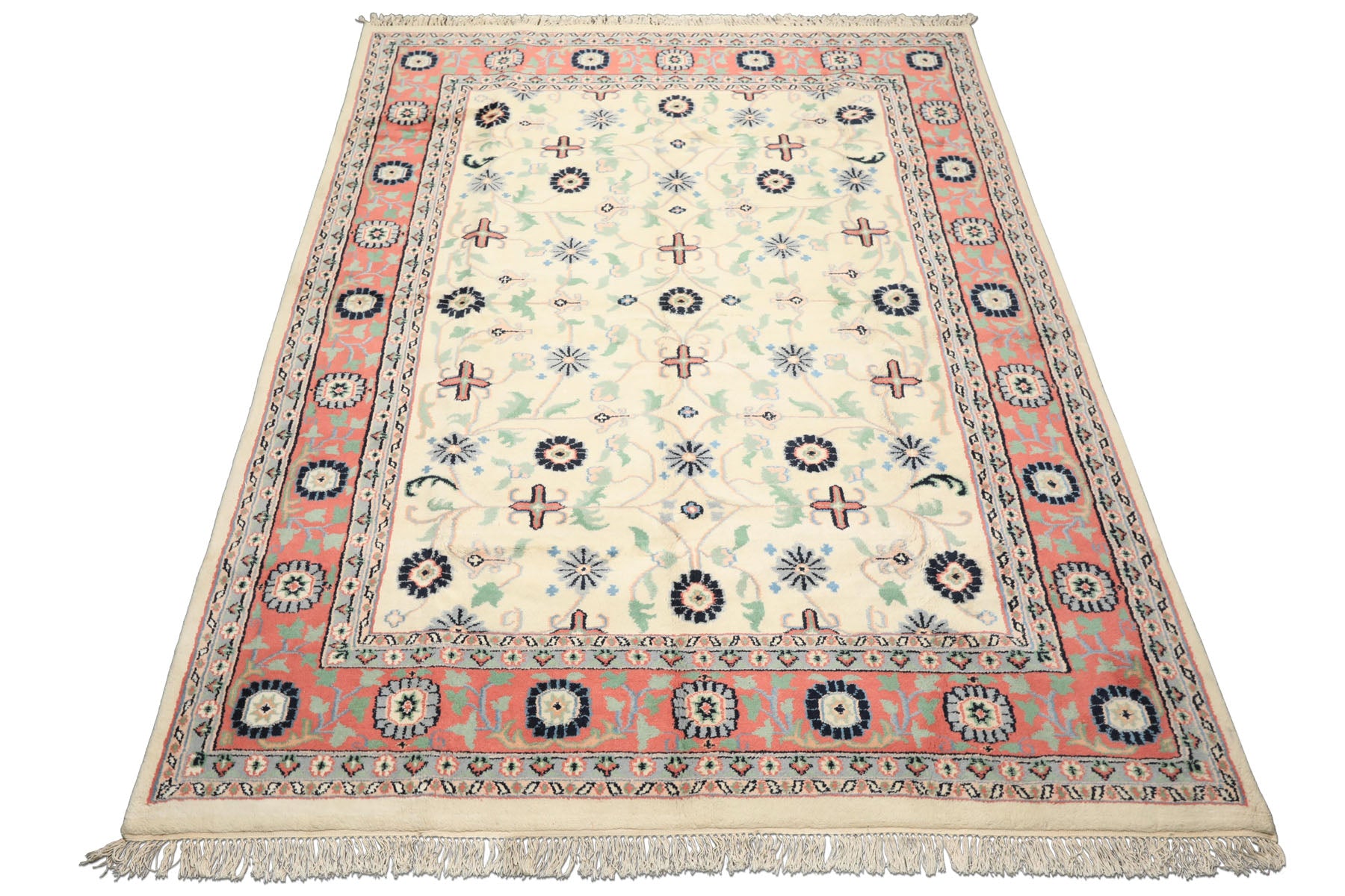 9x12 Ivory, Blush, Aqua Color Hand Knotted Organic Look Wool Traditional Oriental Rug