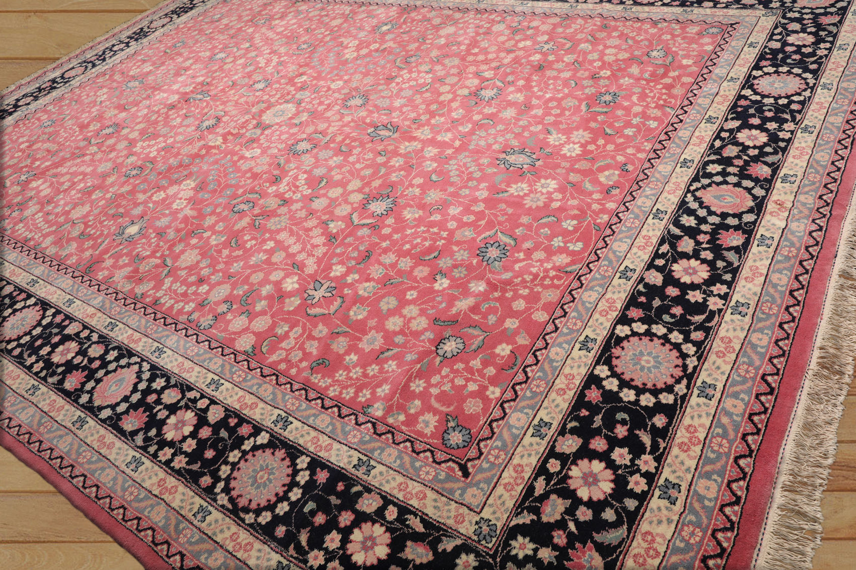 Palace Pink, Midnight Blue, Slate Color Hand Knotted All-Over 100% Wool Traditional Oriental Rug