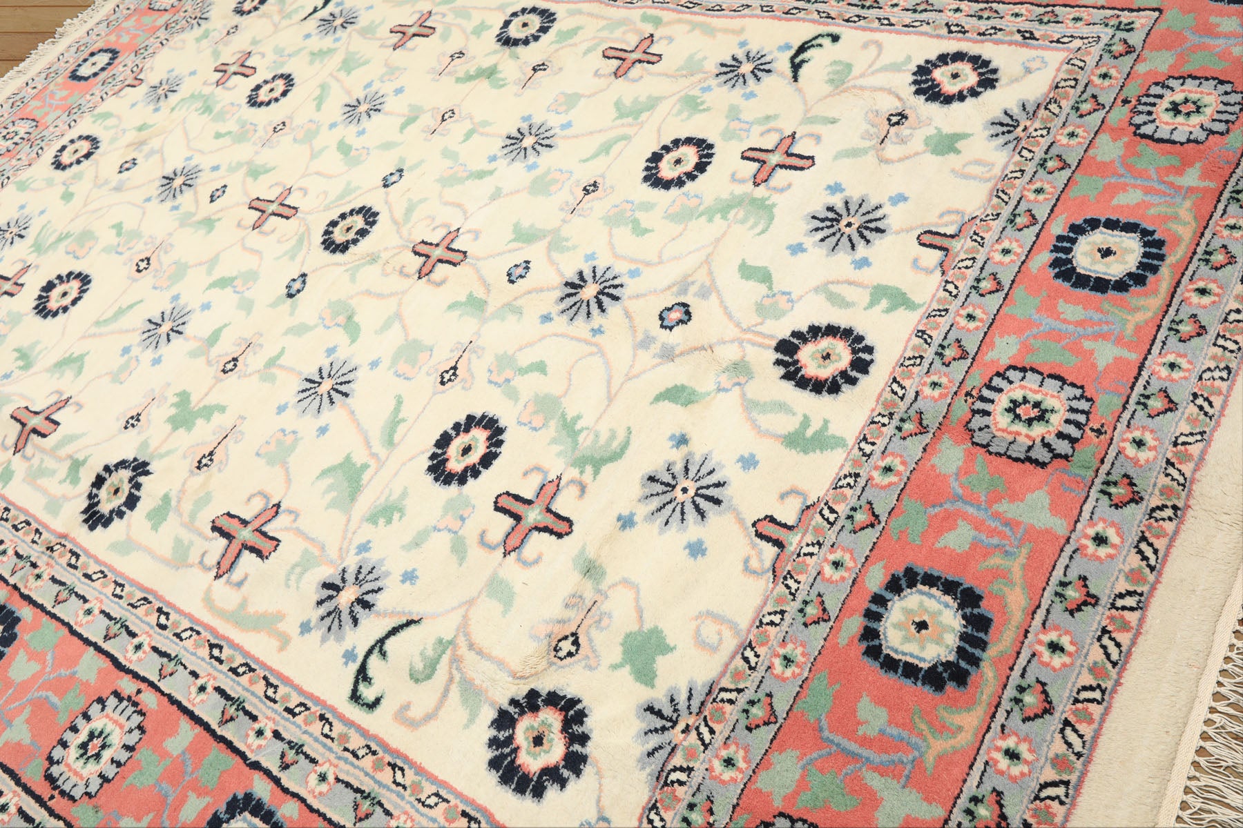 9x12 Ivory, Blush, Aqua Color Hand Knotted Organic Look Wool Traditional Oriental Rug