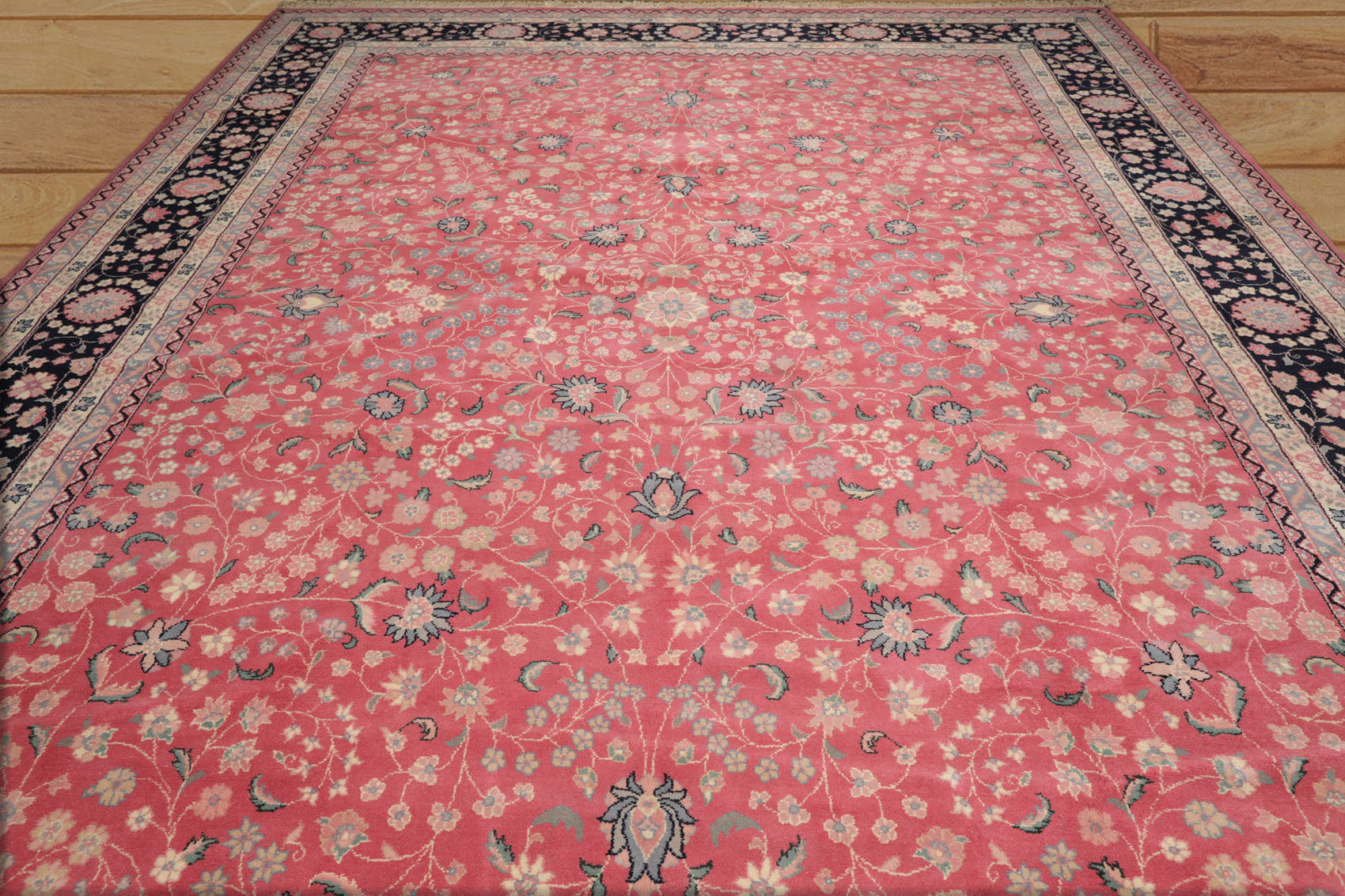 Palace Pink, Midnight Blue, Slate Color Hand Knotted All-Over 100% Wool Traditional Oriental Rug