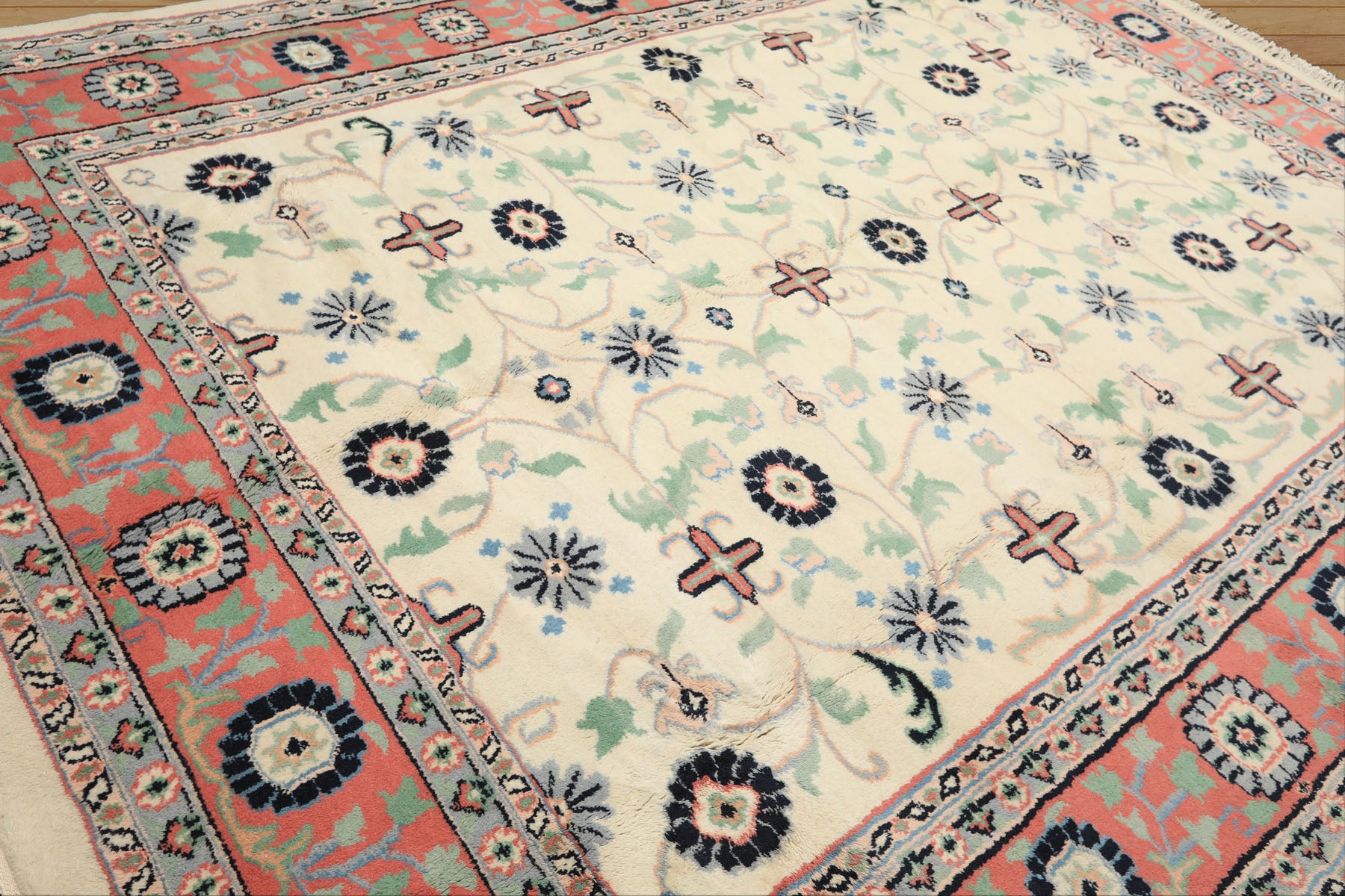 9x12 Ivory, Blush, Aqua Color Hand Knotted Organic Look Wool Traditional Oriental Rug