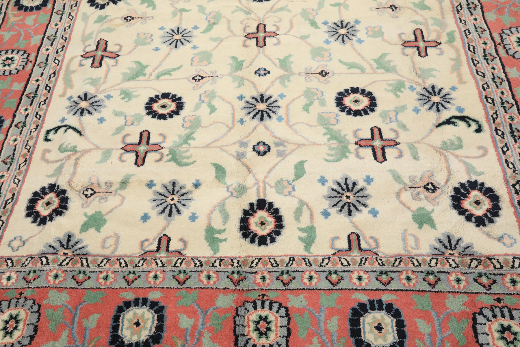 9x12 Ivory, Blush, Aqua Color Hand Knotted Organic Look Wool Traditional Oriental Rug