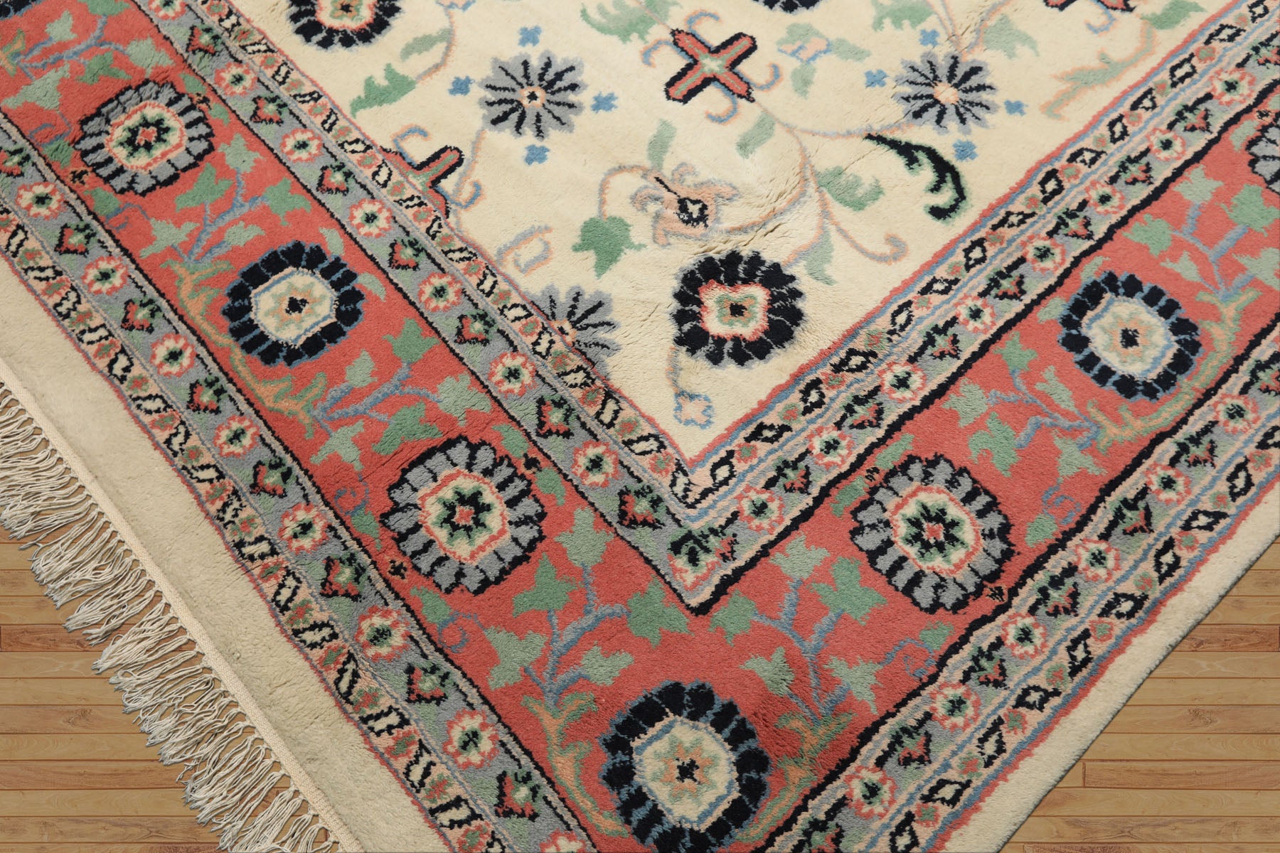 9x12 Ivory, Blush, Aqua Color Hand Knotted Organic Look Wool Traditional Oriental Rug