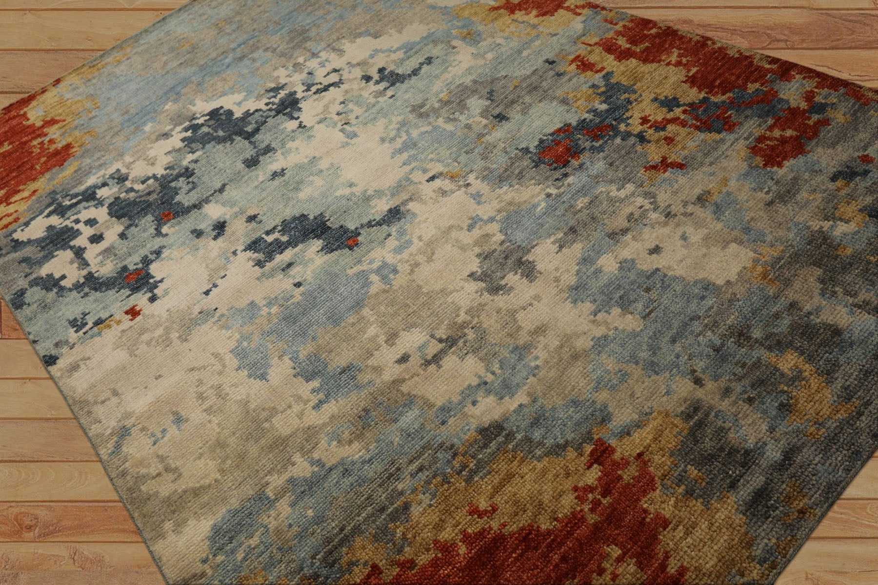 6x9 Beige, Aqua, Coral Color Hand Knotted Oushak Wool Modern Oriental Rug
