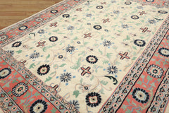 9x12 Ivory, Blush, Aqua Color Hand Knotted Organic Look Wool Traditional Oriental Rug