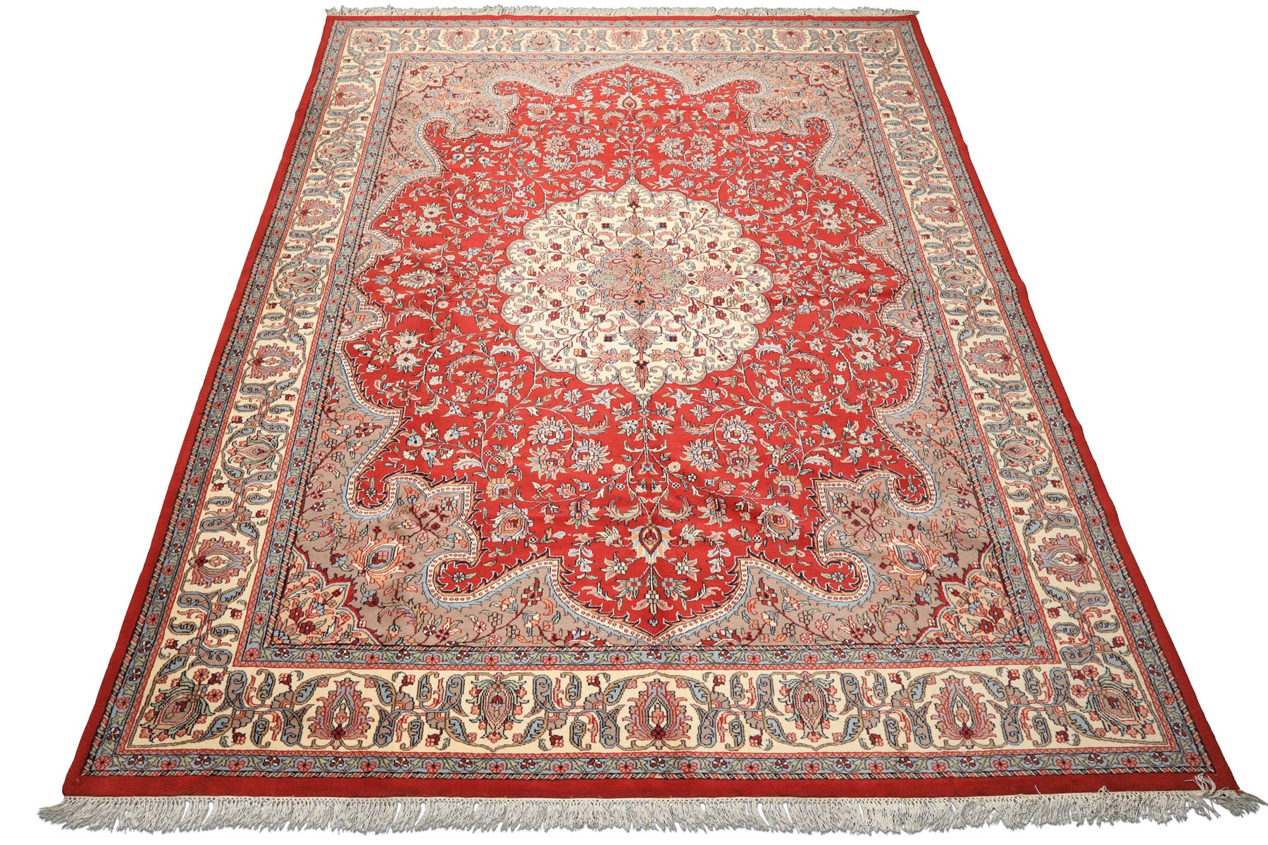 9x12 Orange, Ivory, Taupe Color Hand Knotted Indo Tabriz Wool Traditional Oriental Rug