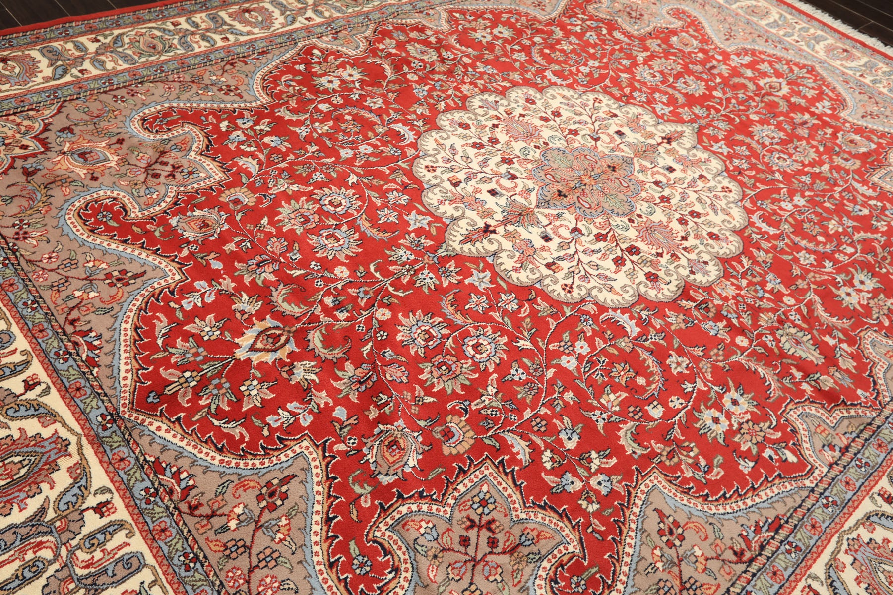 9x12 Orange, Ivory, Taupe Color Hand Knotted Indo Tabriz Wool Traditional Oriental Rug