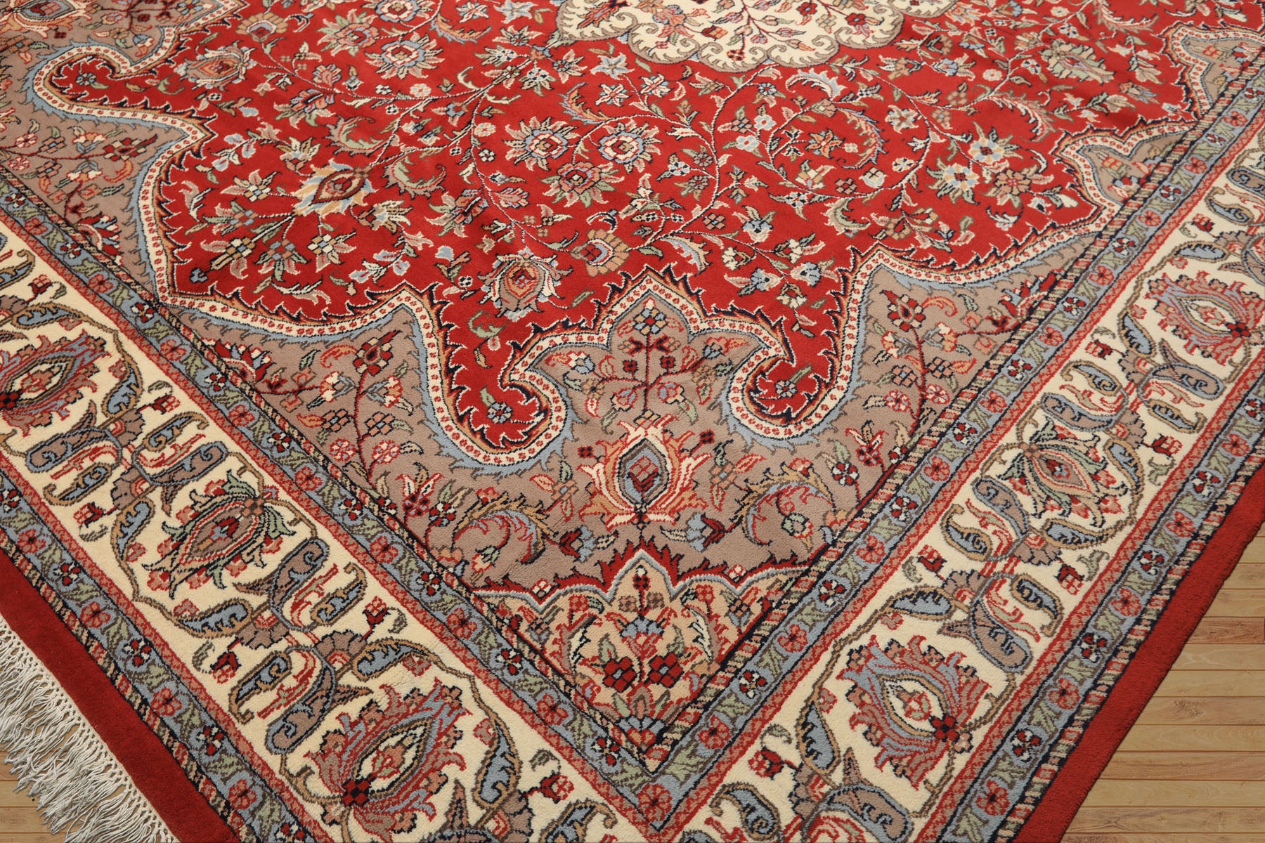 9x12 Orange, Ivory, Taupe Color Hand Knotted Indo Tabriz Wool Traditional Oriental Rug