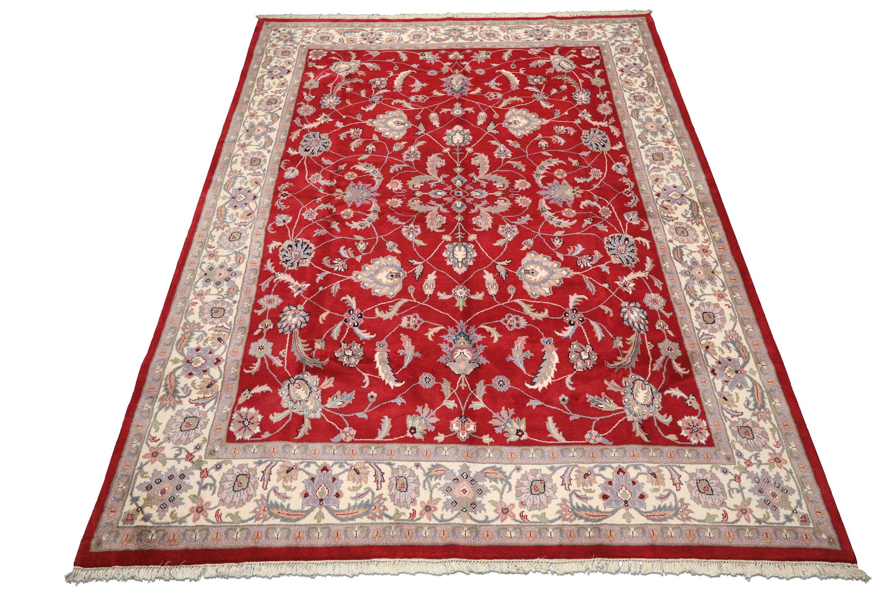 9x12 Fuschia, Ivory, Taupe Color Hand Knotted Indo Kashan Wool Traditional Oriental Rug