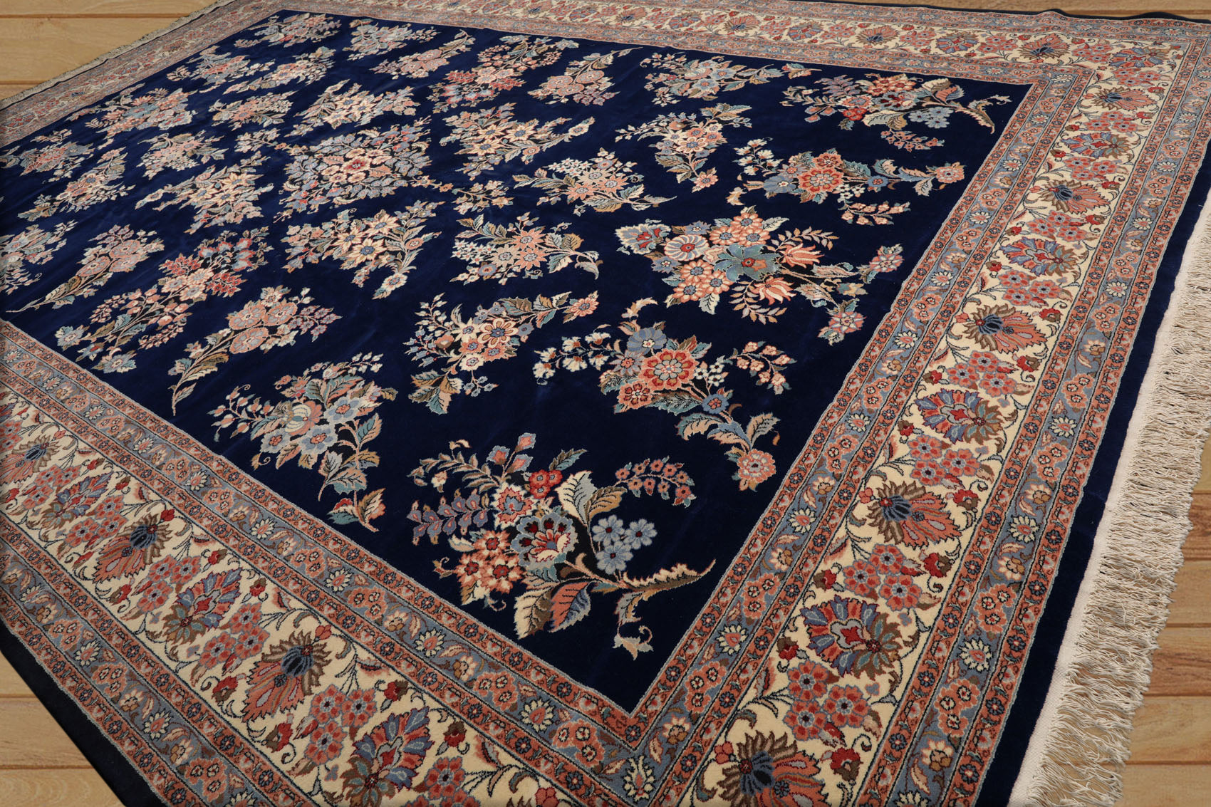 Palace Navy, Cream, Blue Color Hand Knotted All-Over 100% Wool Traditional Oriental Rug