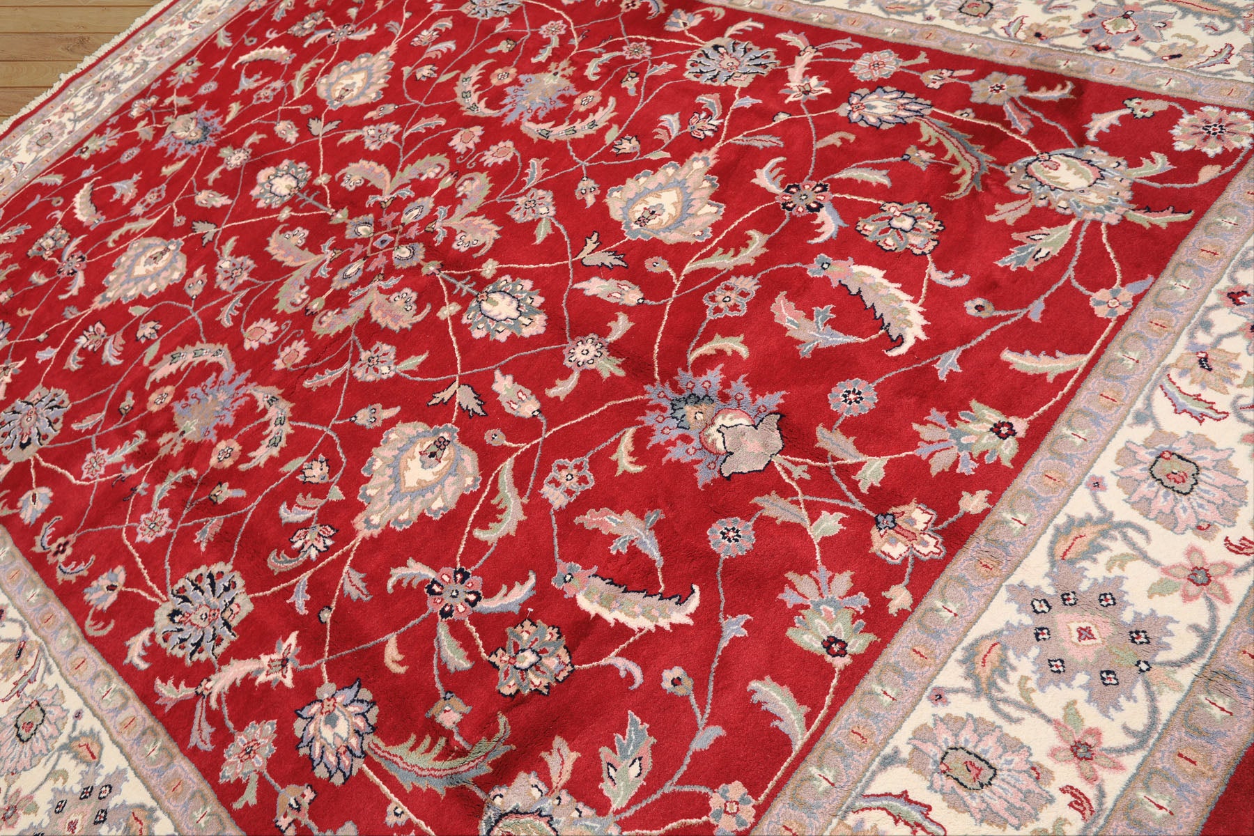 9x12 Fuschia, Ivory, Taupe Color Hand Knotted Indo Kashan Wool Traditional Oriental Rug