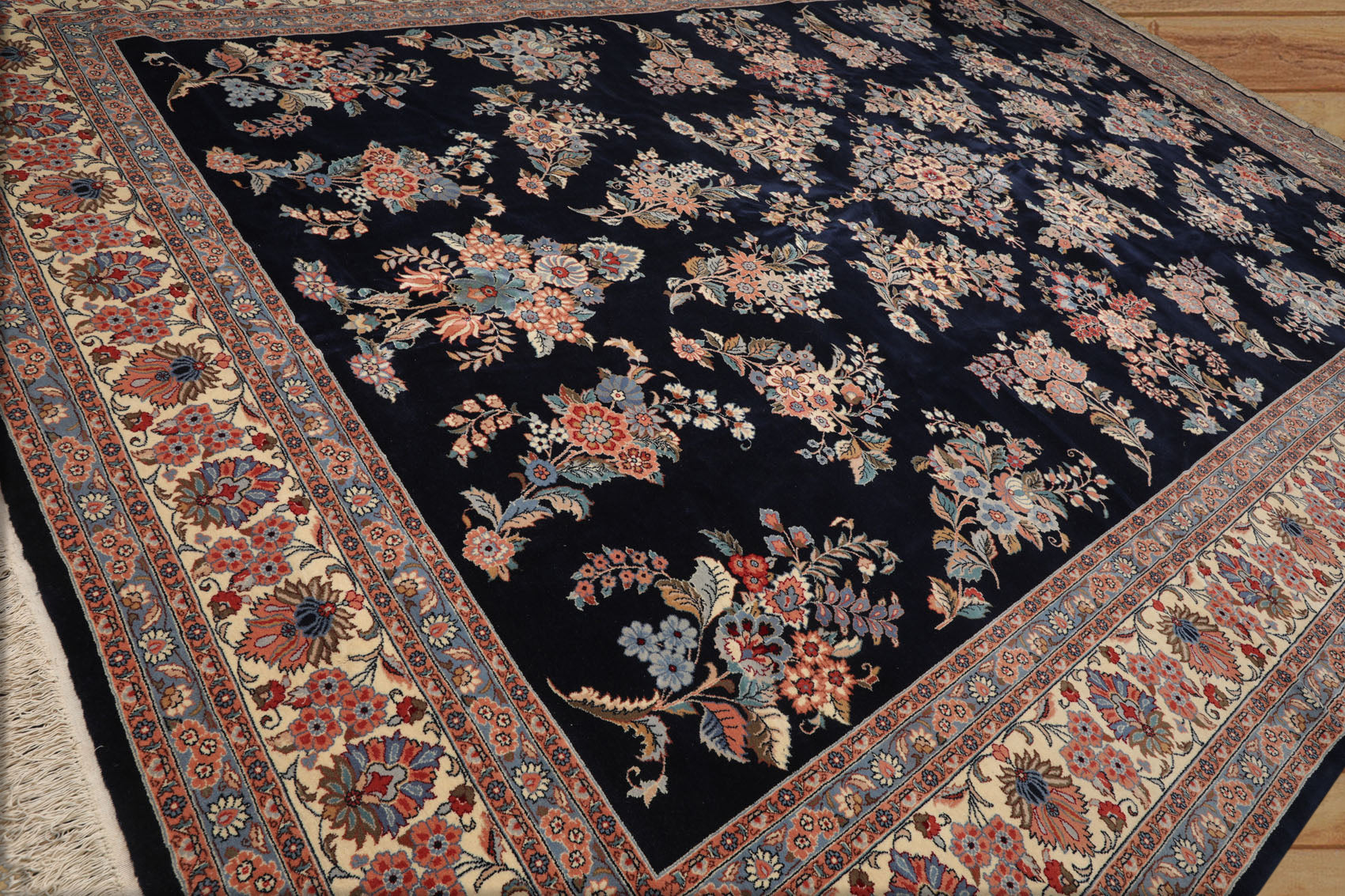 Palace Navy, Cream, Blue Color Hand Knotted All-Over 100% Wool Traditional Oriental Rug