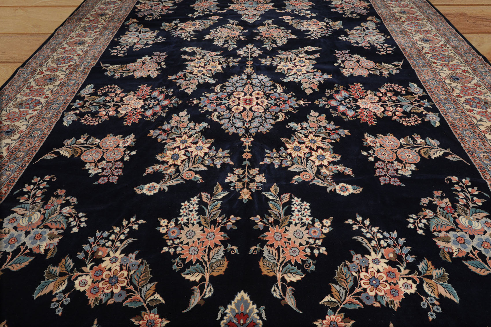 Palace Navy, Cream, Blue Color Hand Knotted All-Over 100% Wool Traditional Oriental Rug