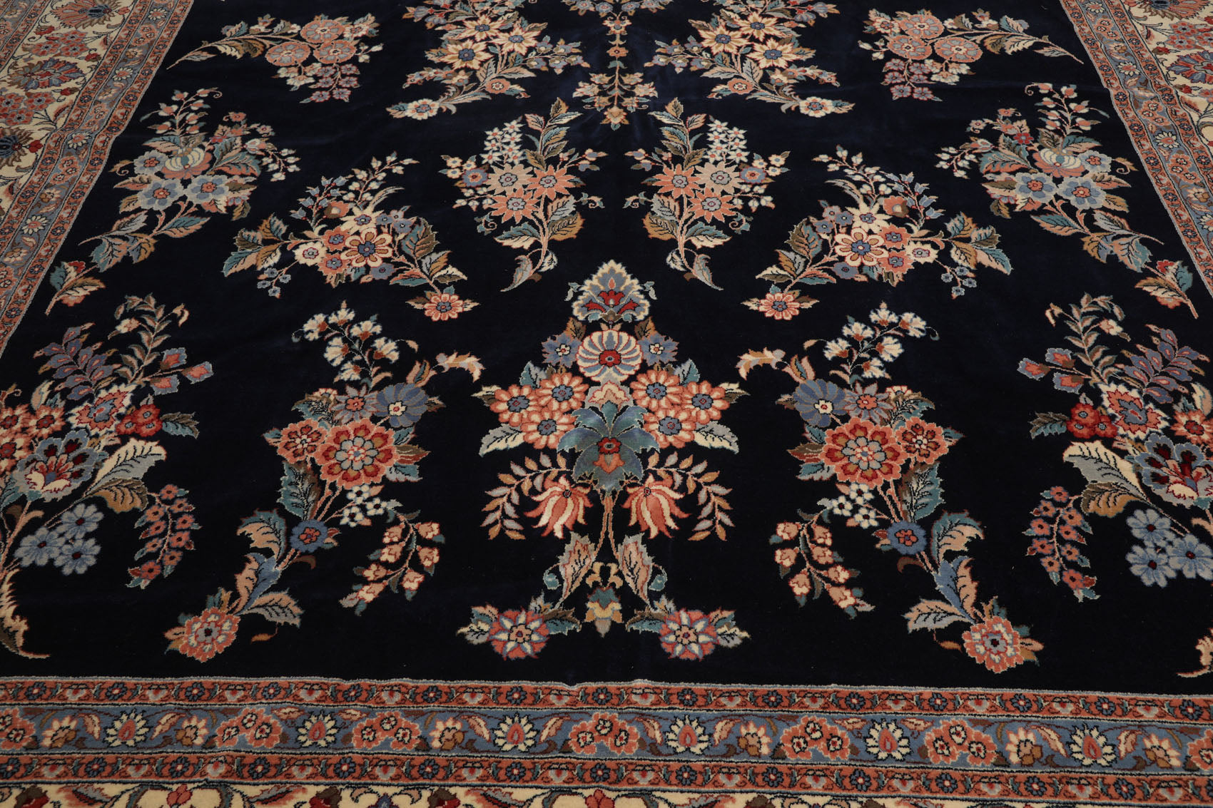 Palace Navy, Cream, Blue Color Hand Knotted All-Over 100% Wool Traditional Oriental Rug