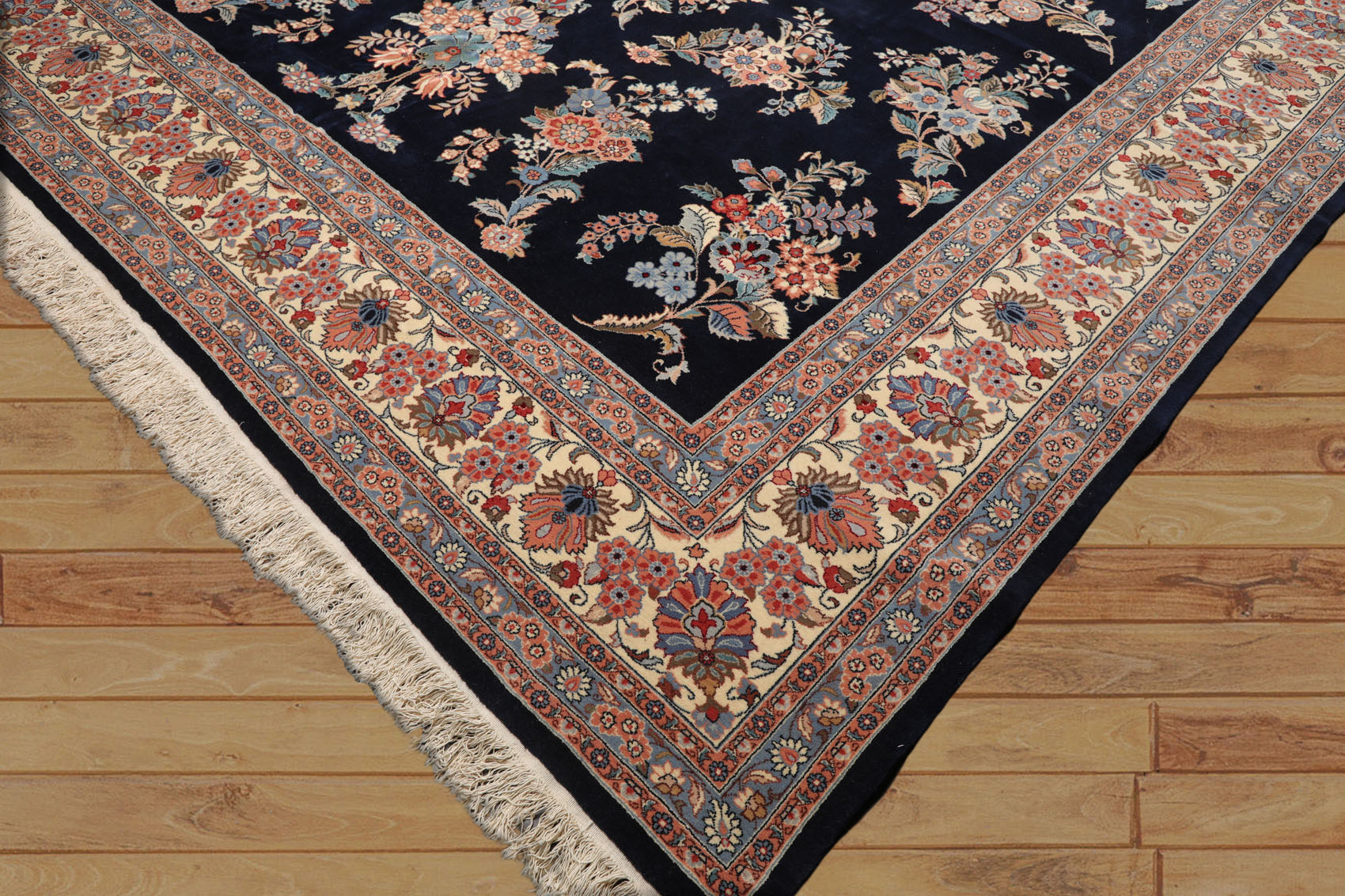 Palace Navy, Cream, Blue Color Hand Knotted All-Over 100% Wool Traditional Oriental Rug