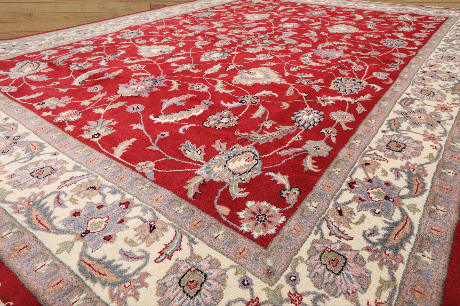 9x12 Fuschia, Ivory, Taupe Color Hand Knotted Indo Kashan Wool Traditional Oriental Rug