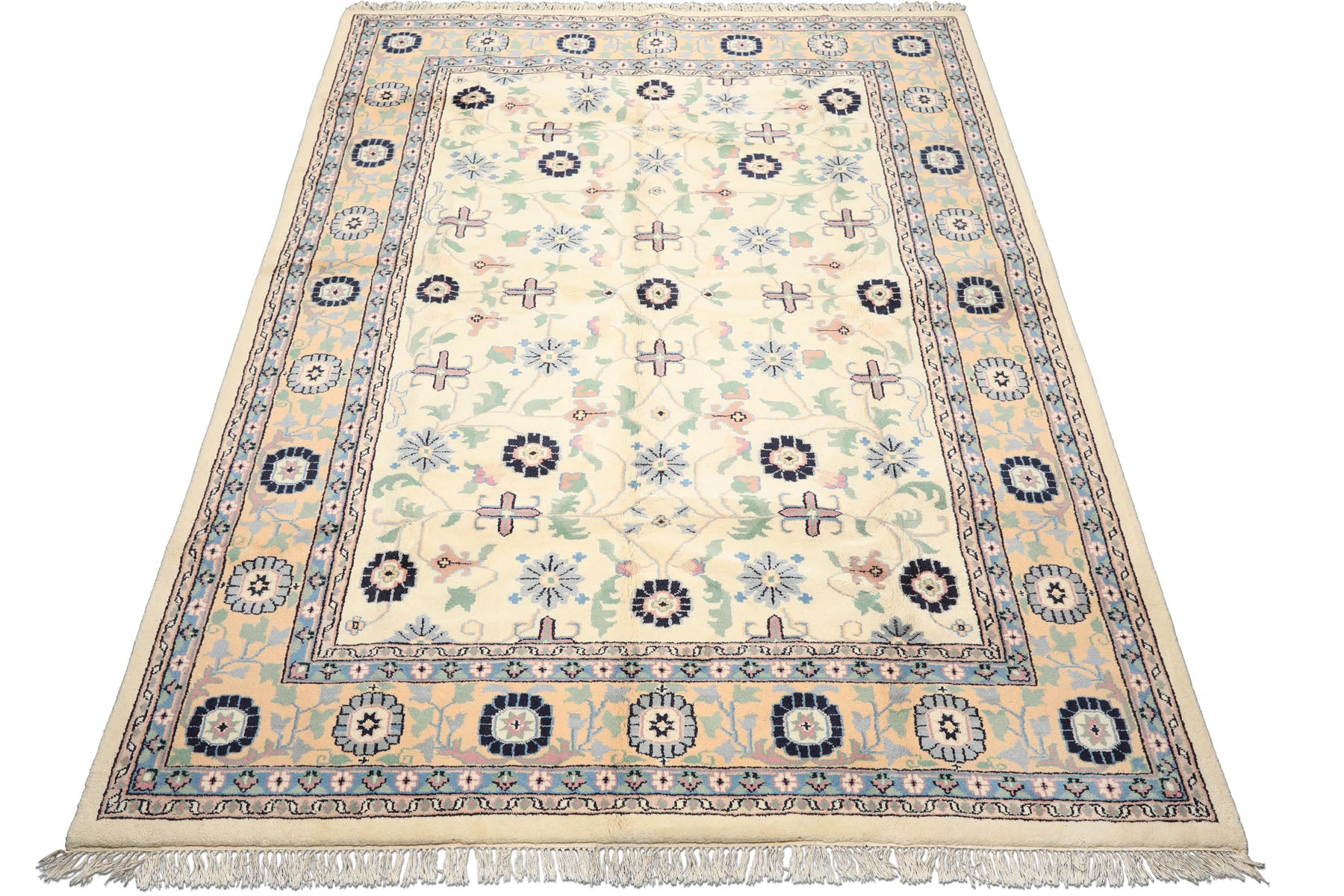 8x11 Ivory, Peach, Blue Color Hand Knotted Indo Kashan Wool Traditional Oriental Rug