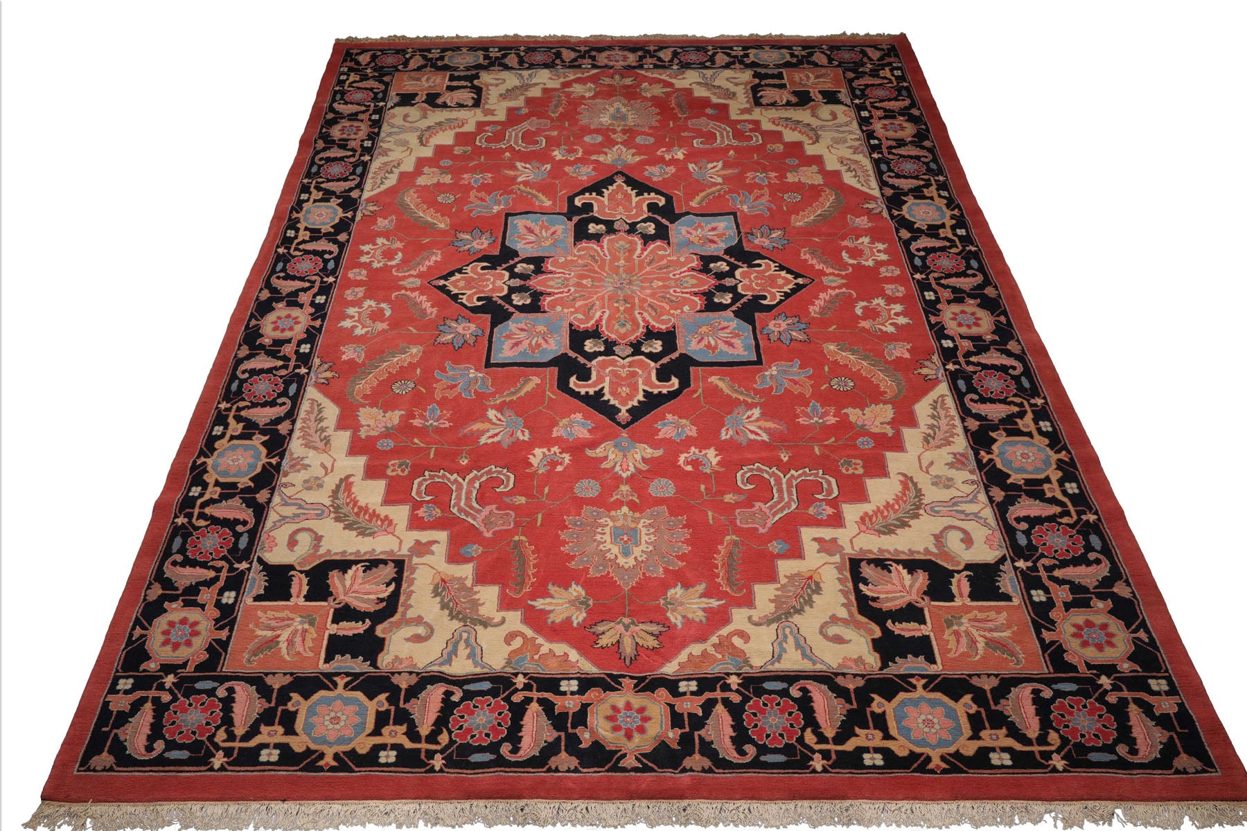 Palace Coral, Midnight Blue, Peach Color Hand Knotted All-Over 100% Wool Traditional Oriental Rug