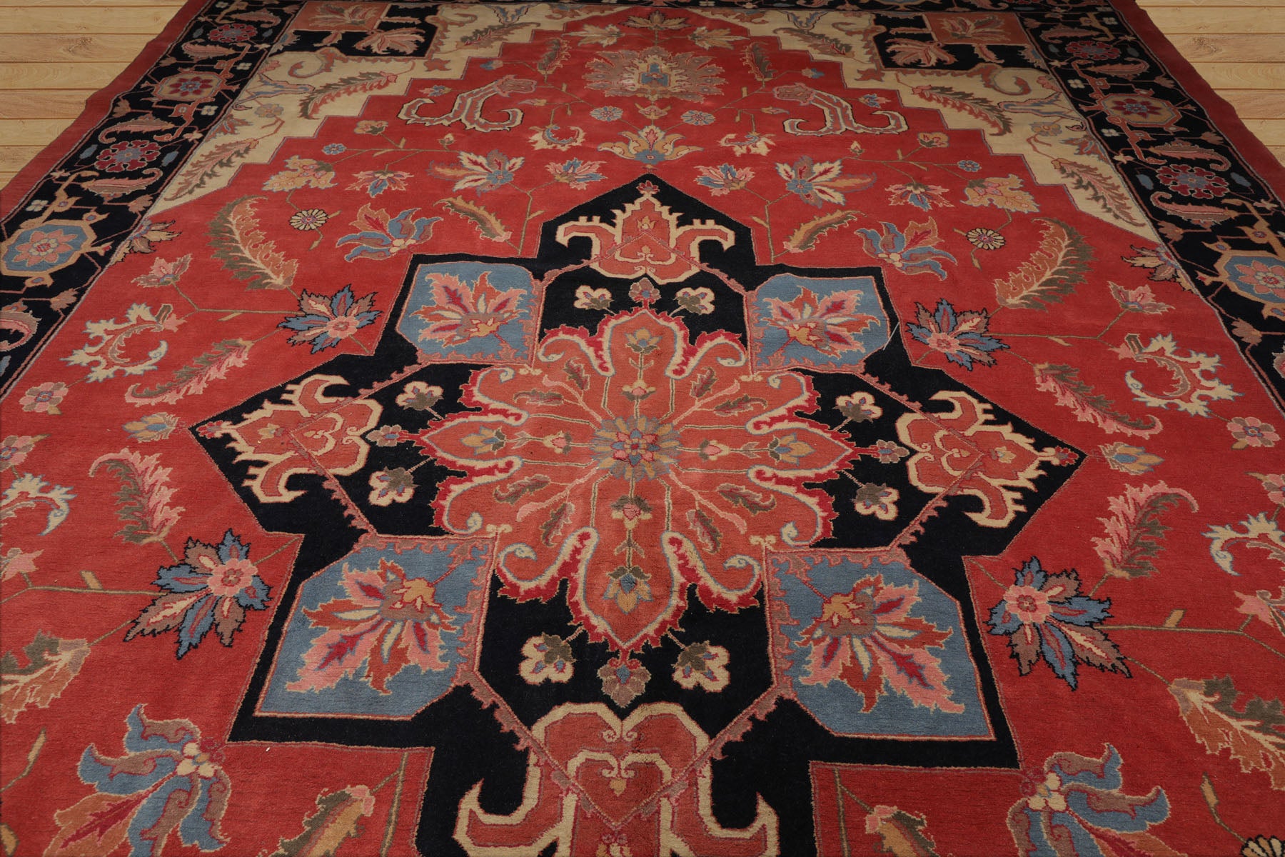 Palace Coral, Midnight Blue, Peach Color Hand Knotted All-Over 100% Wool Traditional Oriental Rug