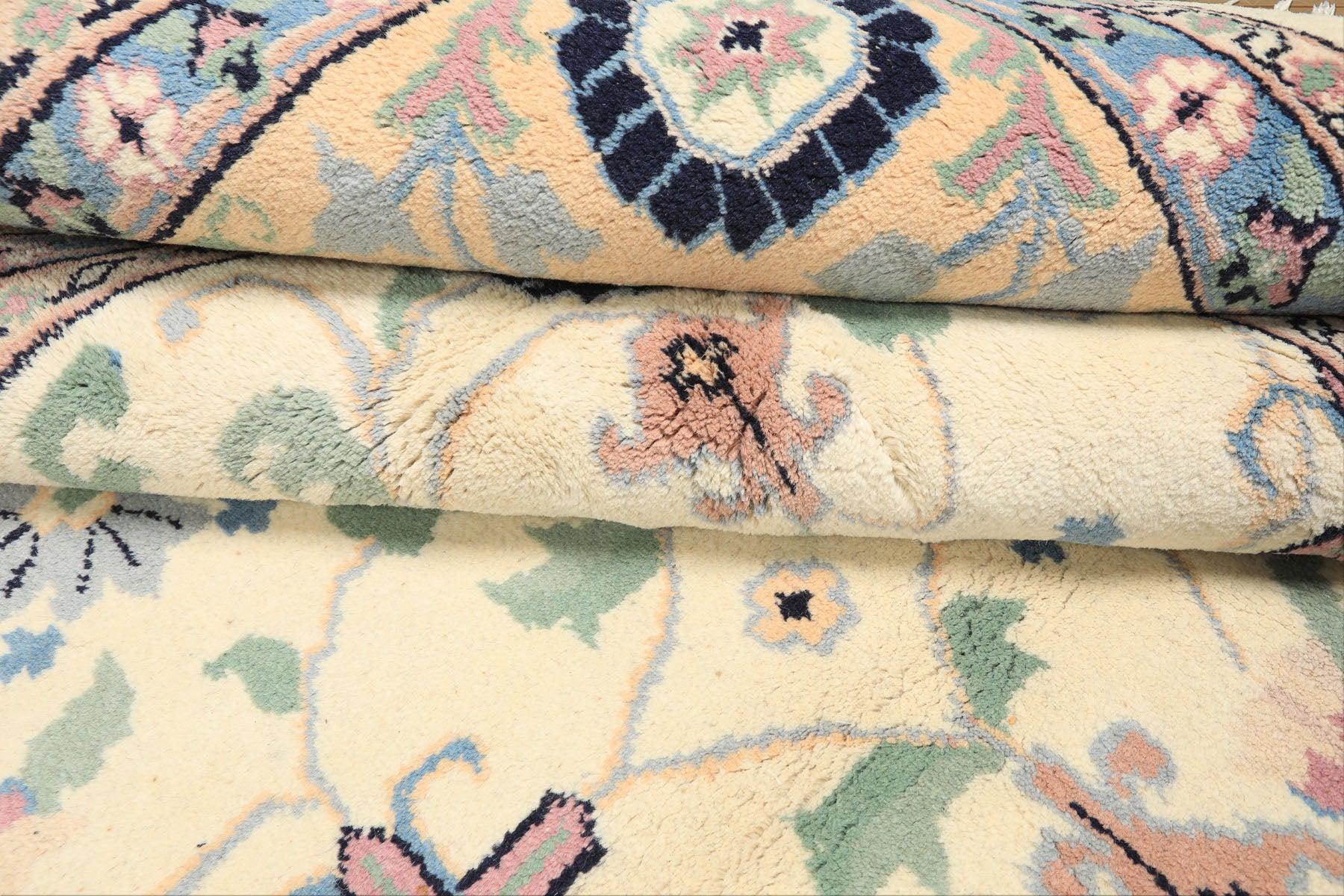 8x11 Ivory, Peach, Blue Color Hand Knotted Indo Kashan Wool Traditional Oriental Rug