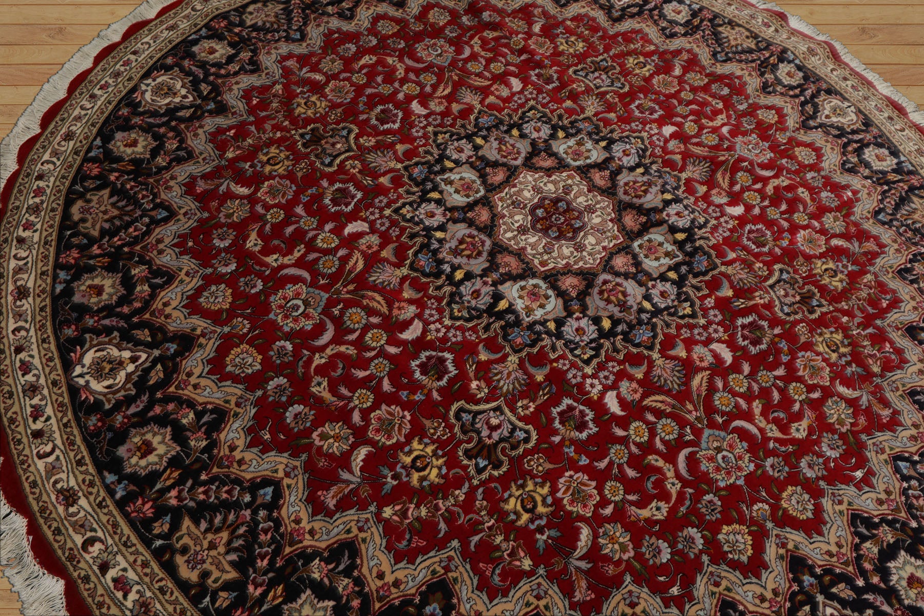Round Red, Navy, Ivory Color Hand Knotted Tabriz Wool Traditional Oriental Rug
