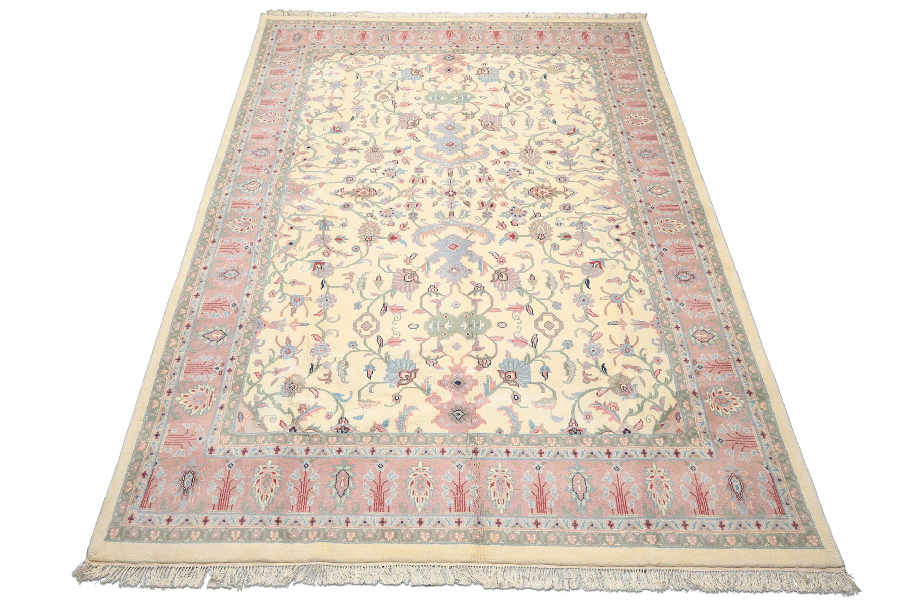 9x12 Ivory, Blush, Sage Color Hand Knotted Indo Kashan Wool Traditional Oriental Rug
