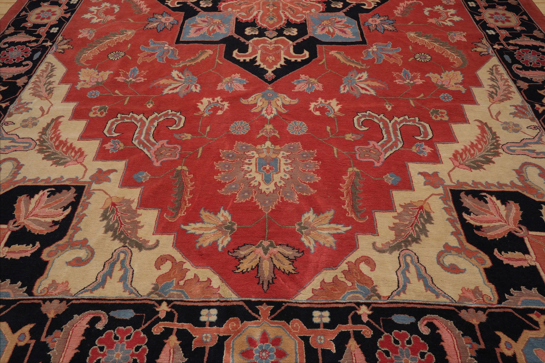 Palace Coral, Midnight Blue, Peach Color Hand Knotted All-Over 100% Wool Traditional Oriental Rug