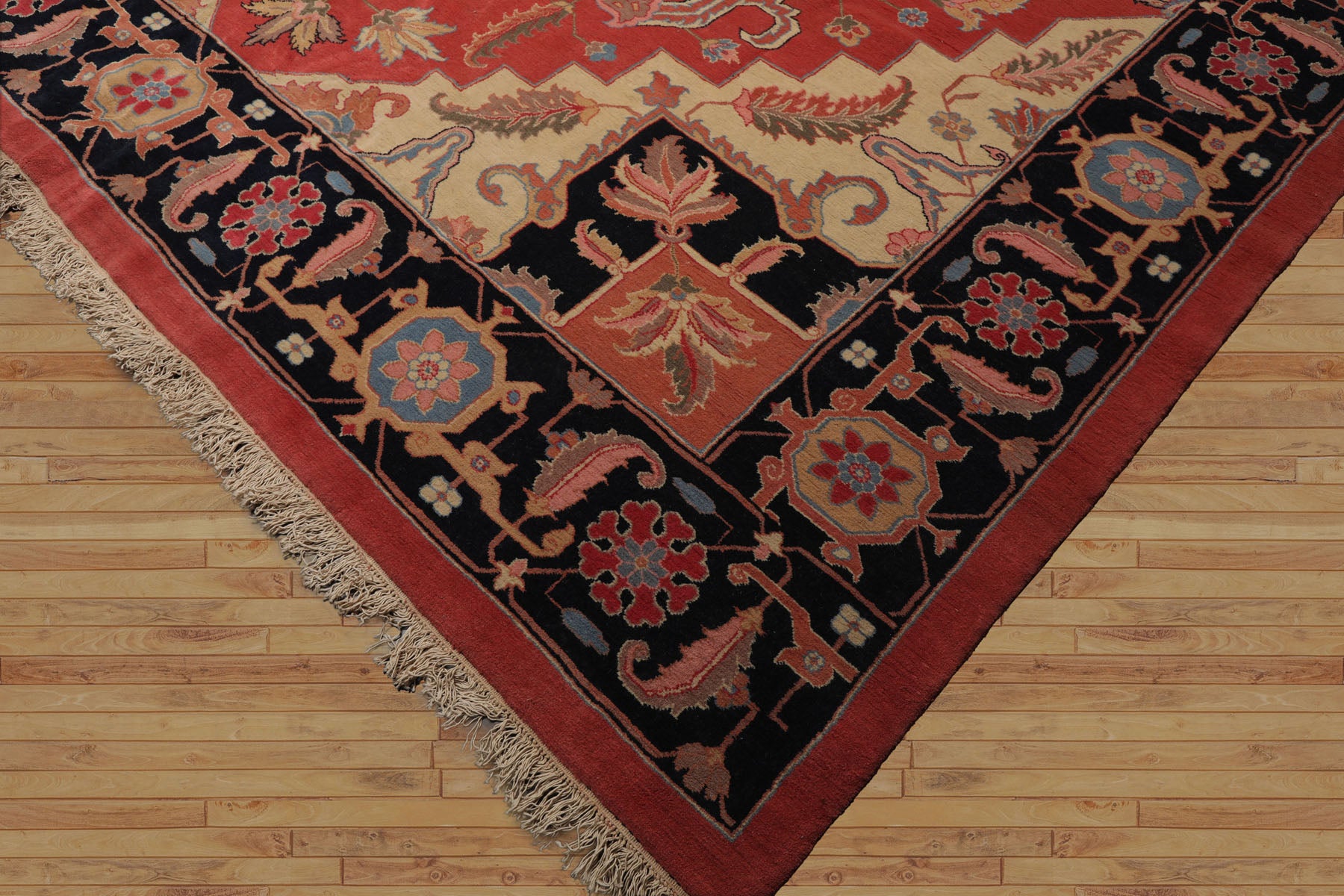 Palace Coral, Midnight Blue, Peach Color Hand Knotted All-Over 100% Wool Traditional Oriental Rug