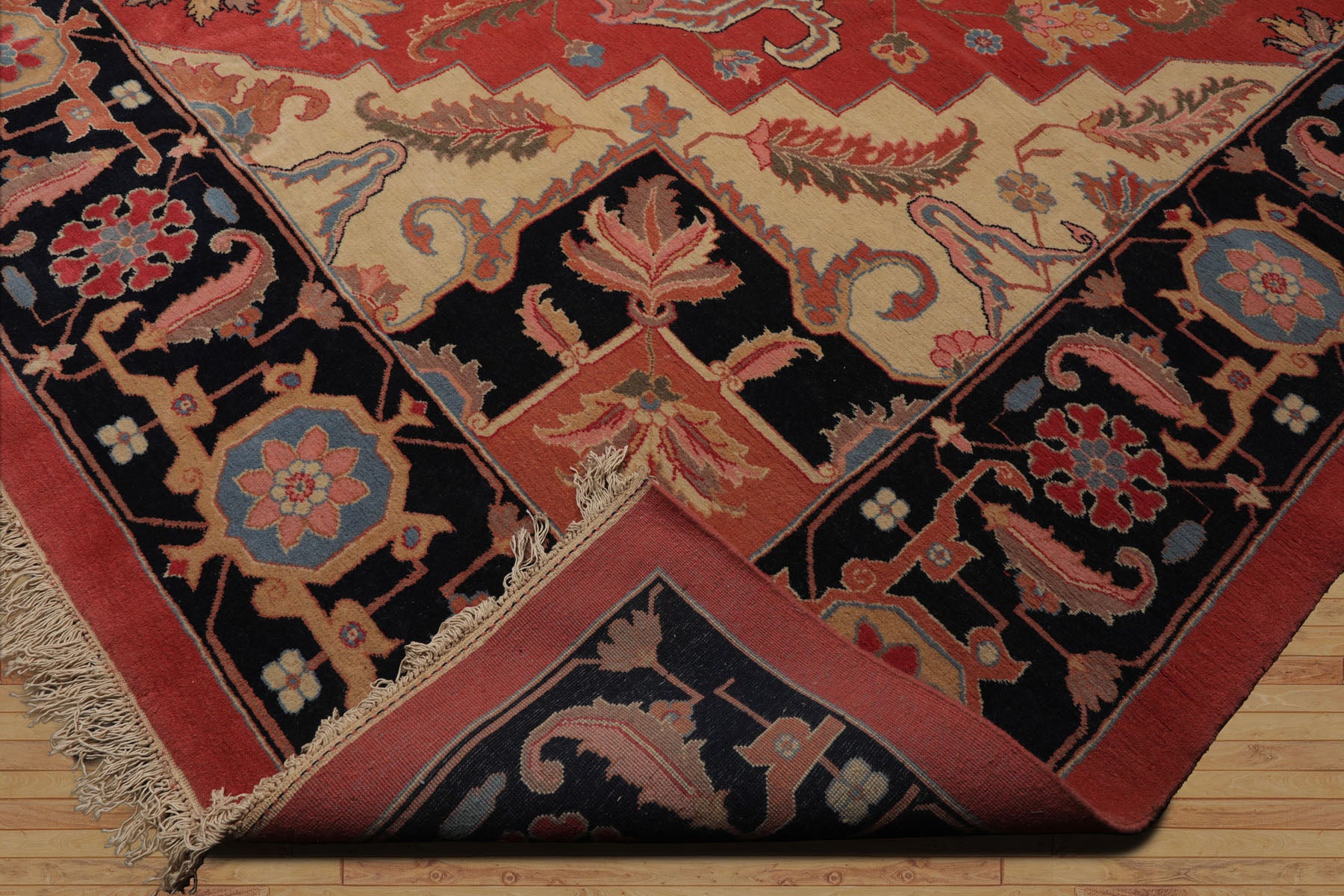 Palace Coral, Midnight Blue, Peach Color Hand Knotted All-Over 100% Wool Traditional Oriental Rug