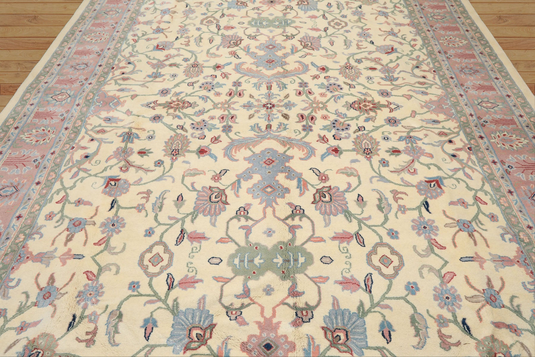 9x12 Ivory, Blush, Sage Color Hand Knotted Indo Kashan Wool Traditional Oriental Rug