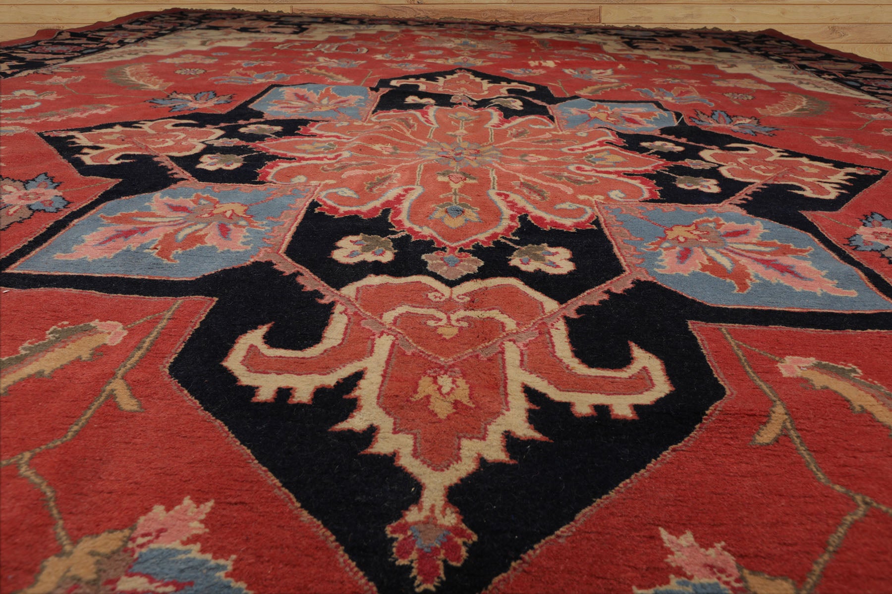 Palace Coral, Midnight Blue, Peach Color Hand Knotted All-Over 100% Wool Traditional Oriental Rug