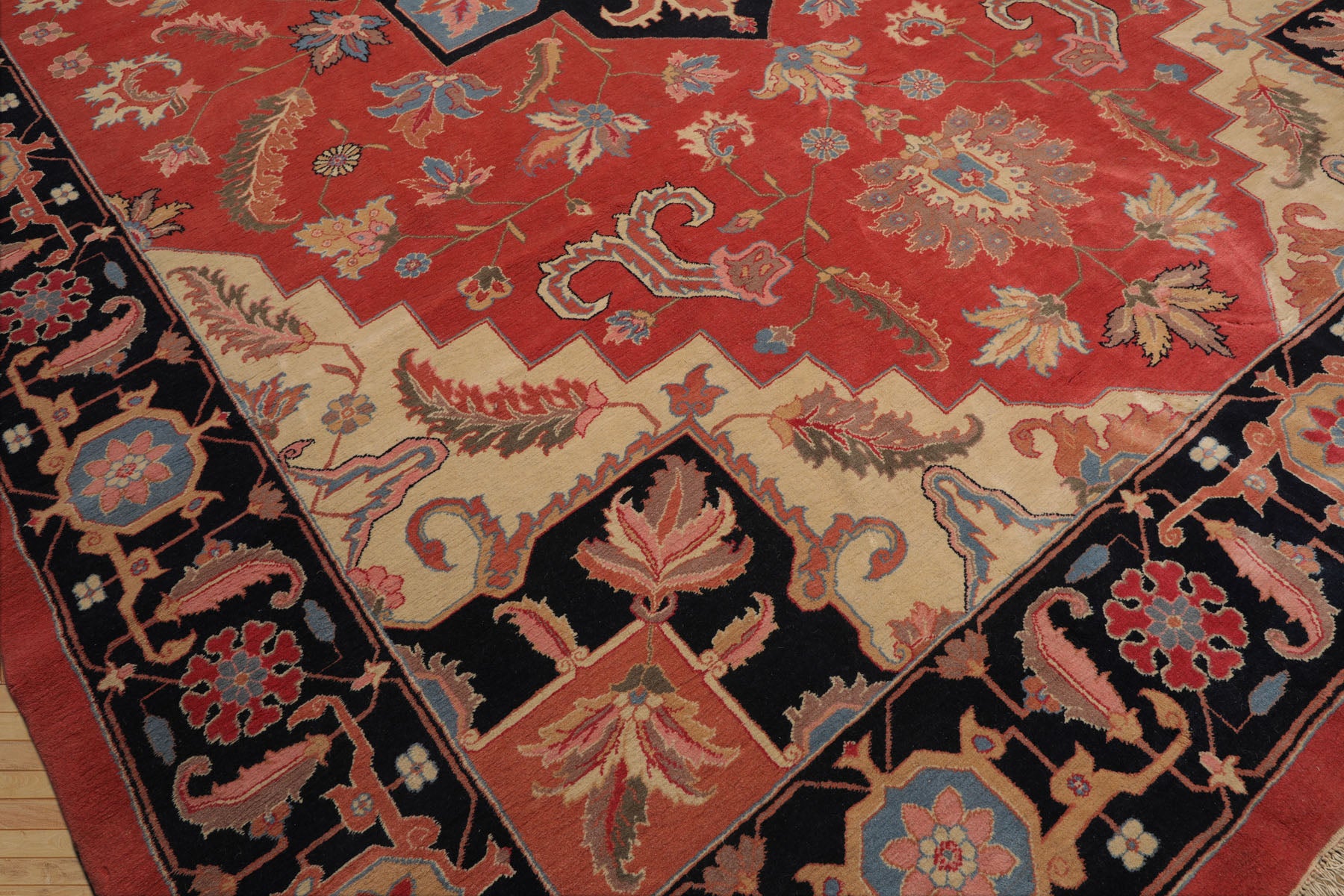 Palace Coral, Midnight Blue, Peach Color Hand Knotted All-Over 100% Wool Traditional Oriental Rug