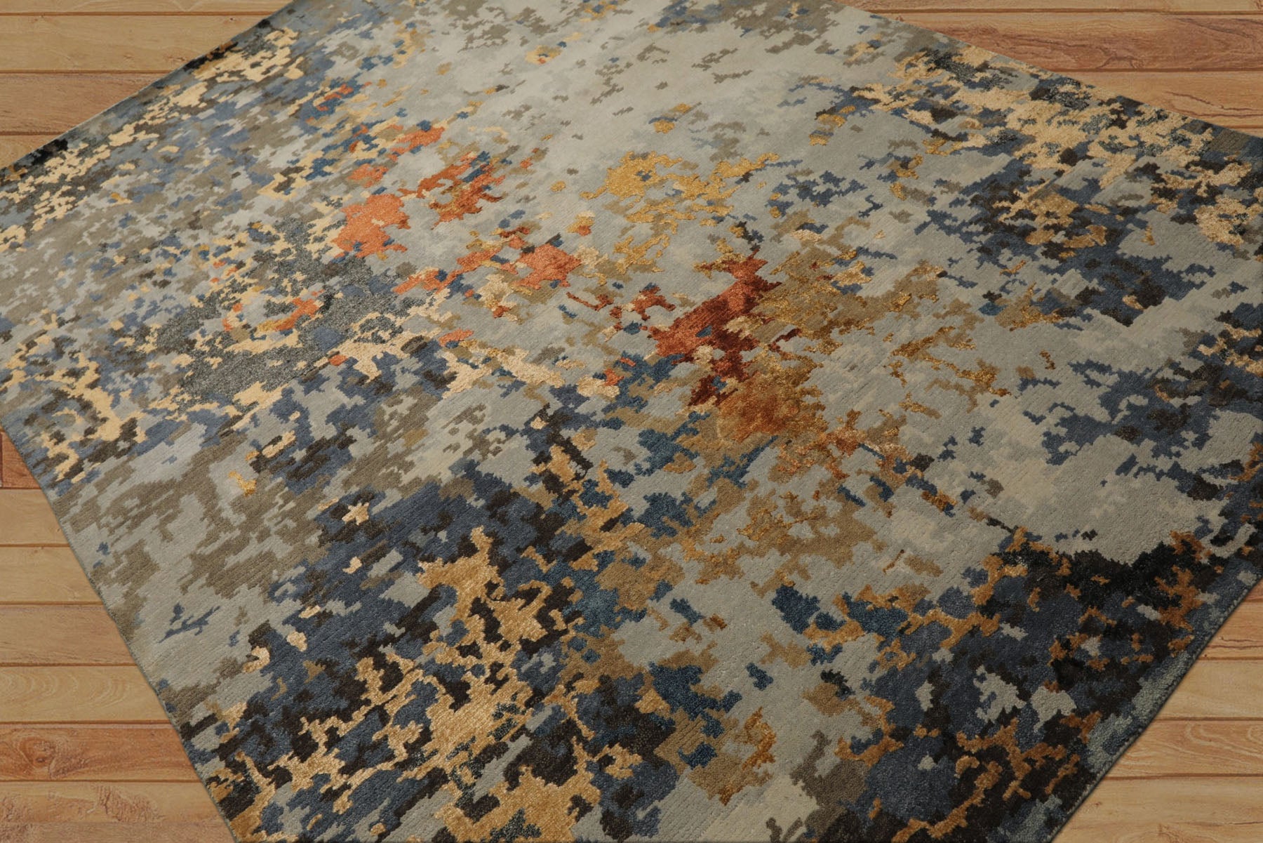 6x9 Gray, Gold, Blue Color Hand Knotted Sherpa Bamboo Silk & Wool Modern Oriental Rug