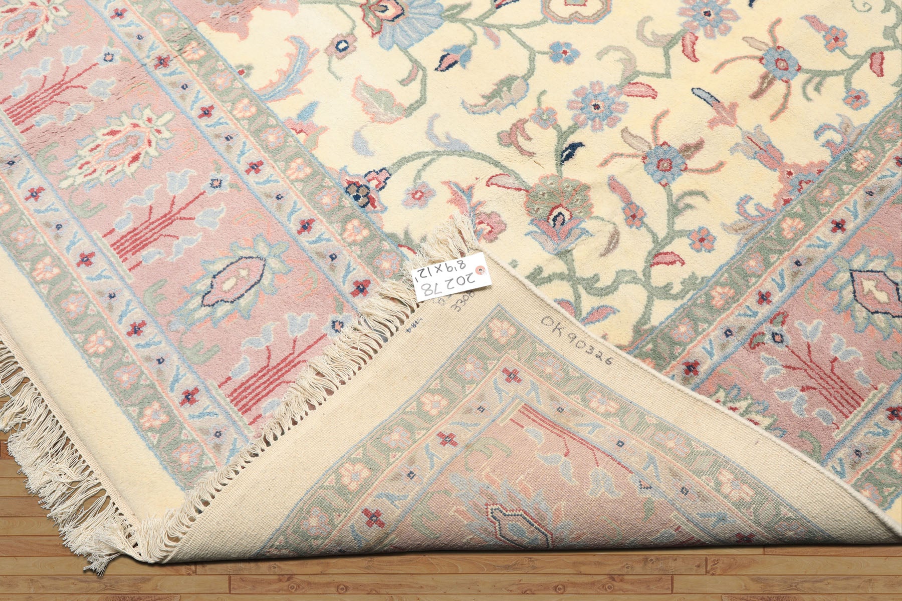 9x12 Ivory, Blush, Sage Color Hand Knotted Indo Kashan Wool Traditional Oriental Rug