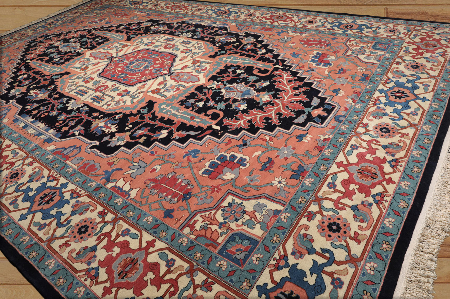 Palace Peach, Midnight Blue, Ivory Color Hand Knotted All-Over 100% Wool Traditional Oriental Rug