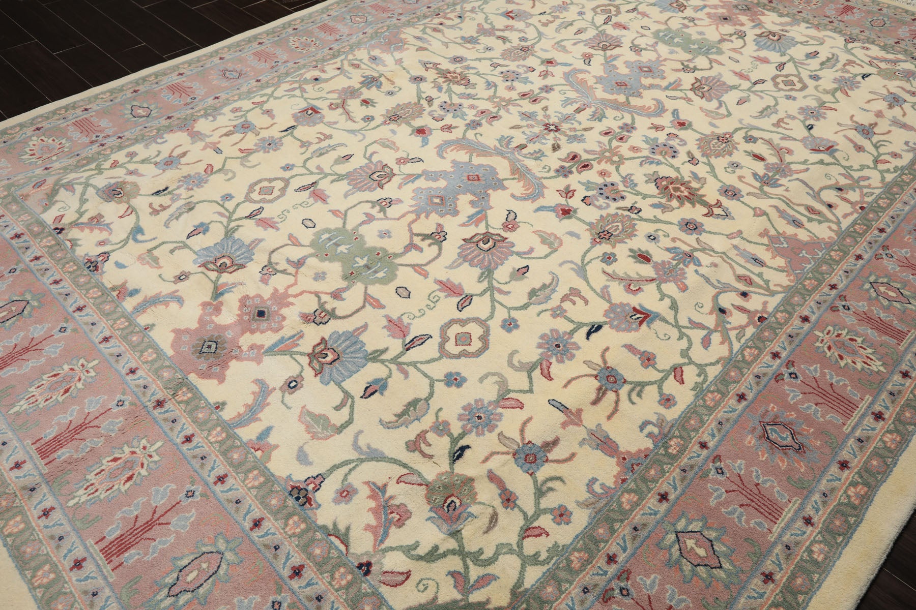 9x12 Ivory, Blush, Sage Color Hand Knotted Indo Kashan Wool Traditional Oriental Rug