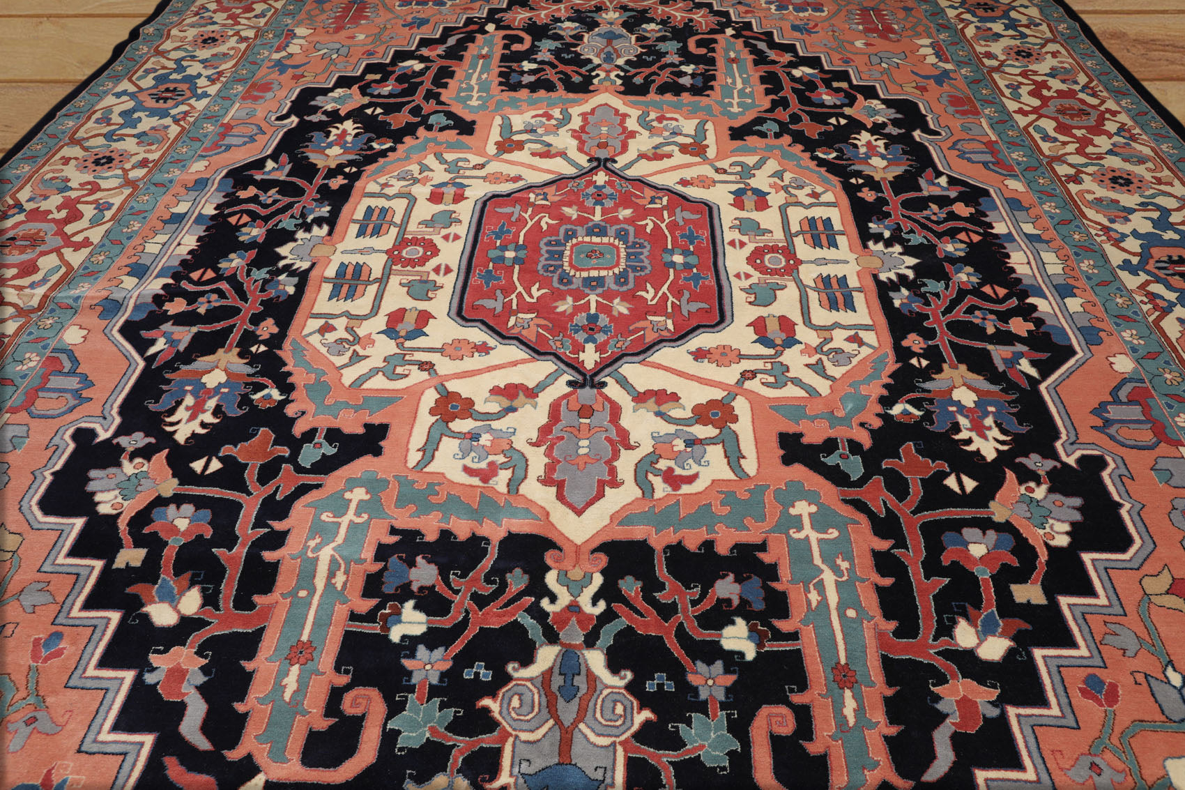 Palace Peach, Midnight Blue, Ivory Color Hand Knotted All-Over 100% Wool Traditional Oriental Rug