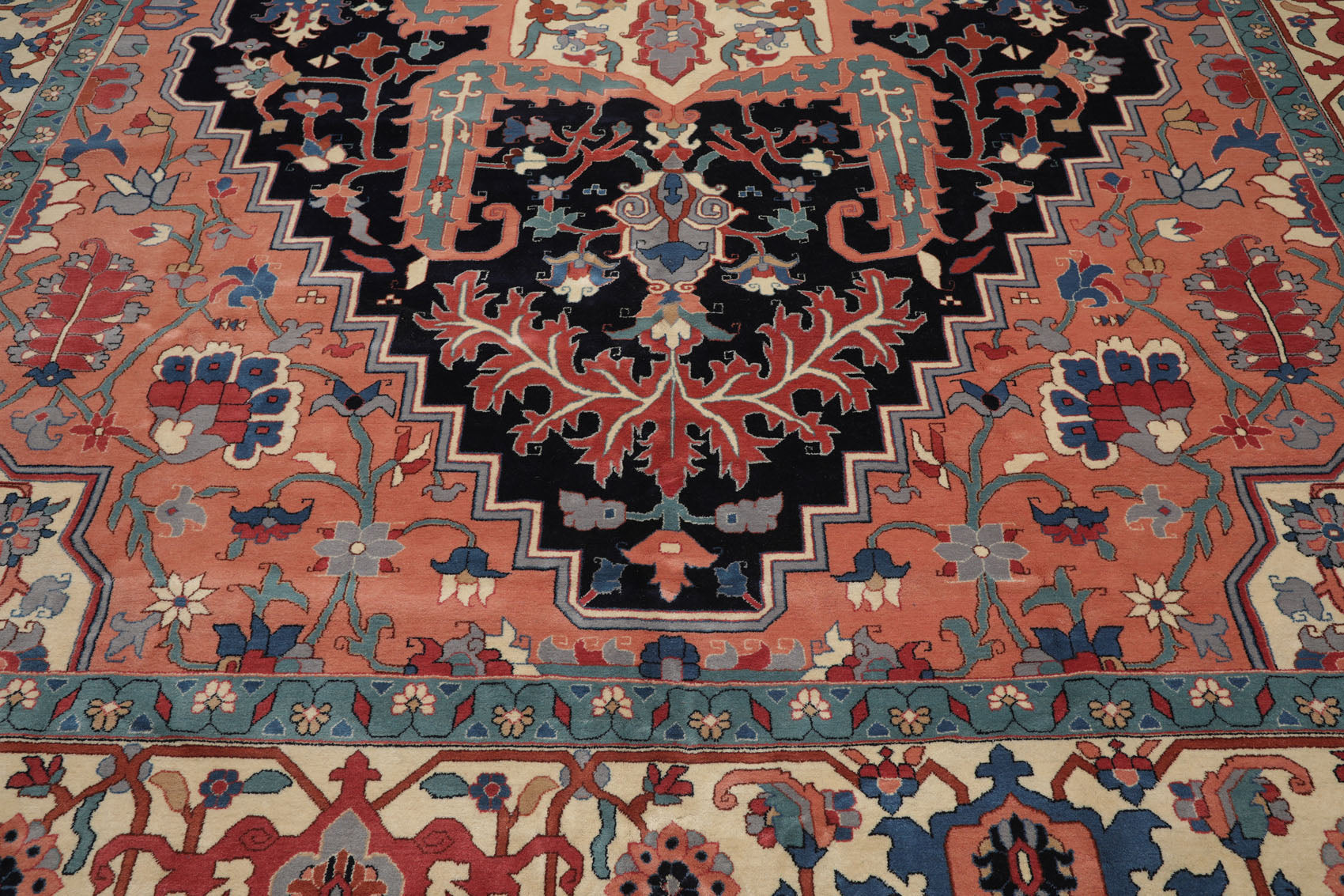 Palace Peach, Midnight Blue, Ivory Color Hand Knotted All-Over 100% Wool Traditional Oriental Rug