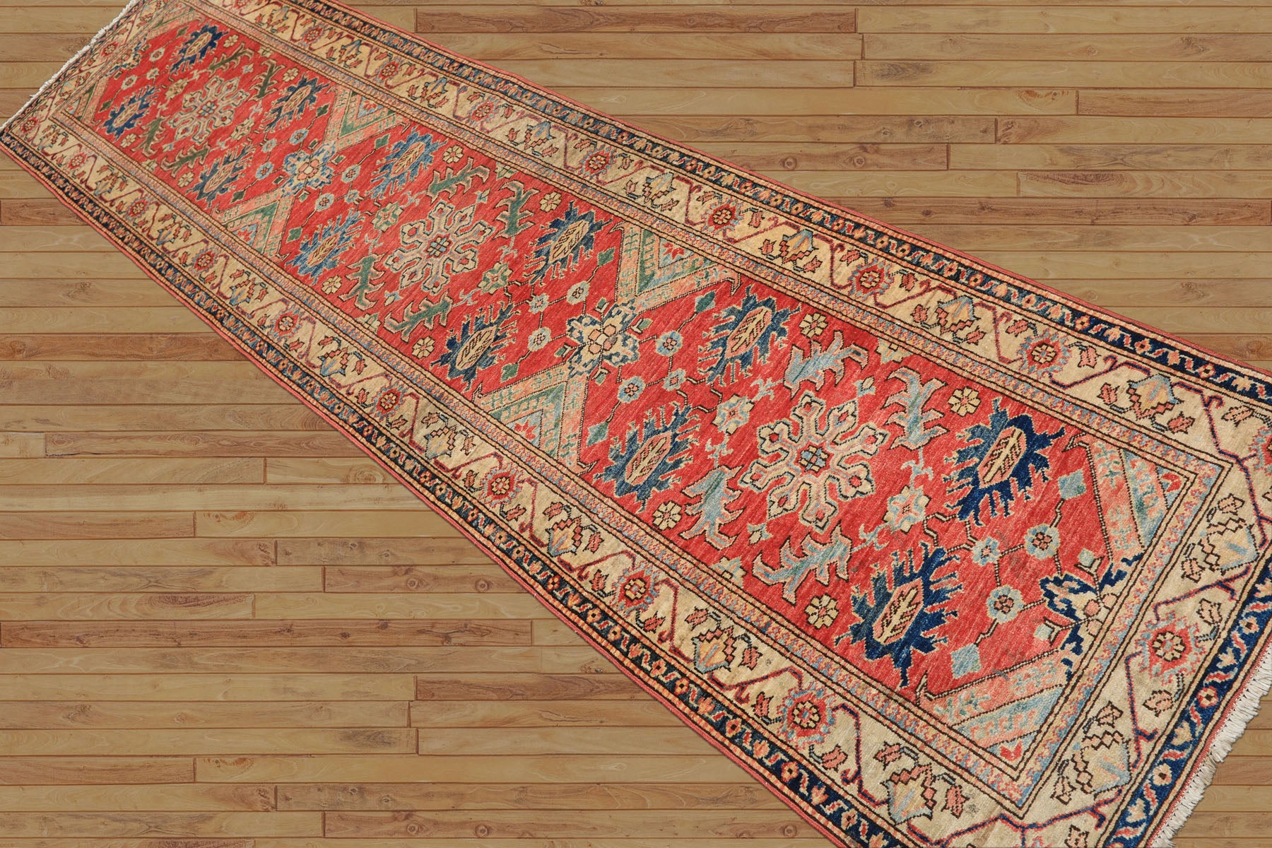 Runner Coral, Moss, Navy Color Hand Knotted Kazak Wool Traditional Oriental Rug