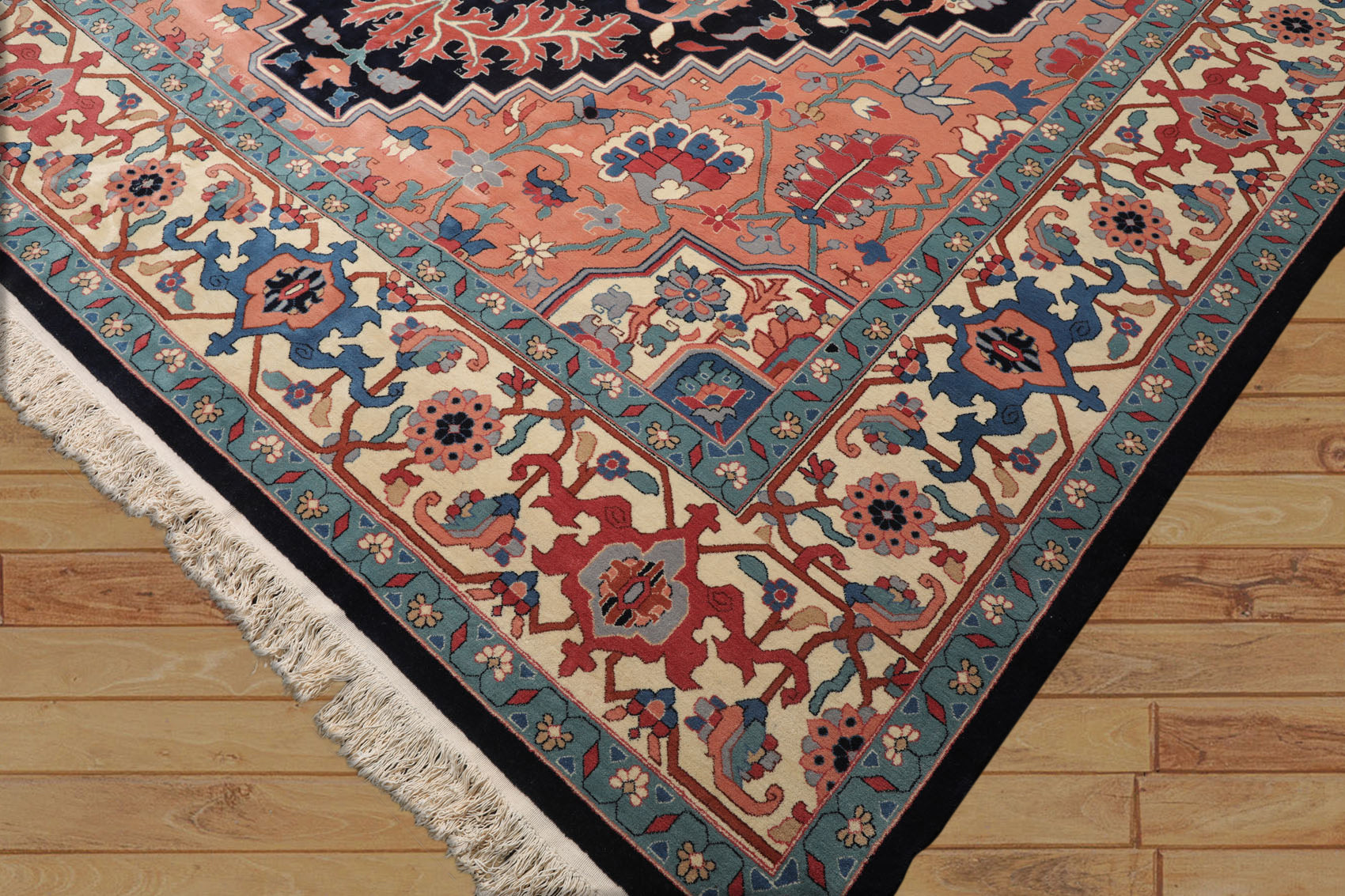 Palace Peach, Midnight Blue, Ivory Color Hand Knotted All-Over 100% Wool Traditional Oriental Rug