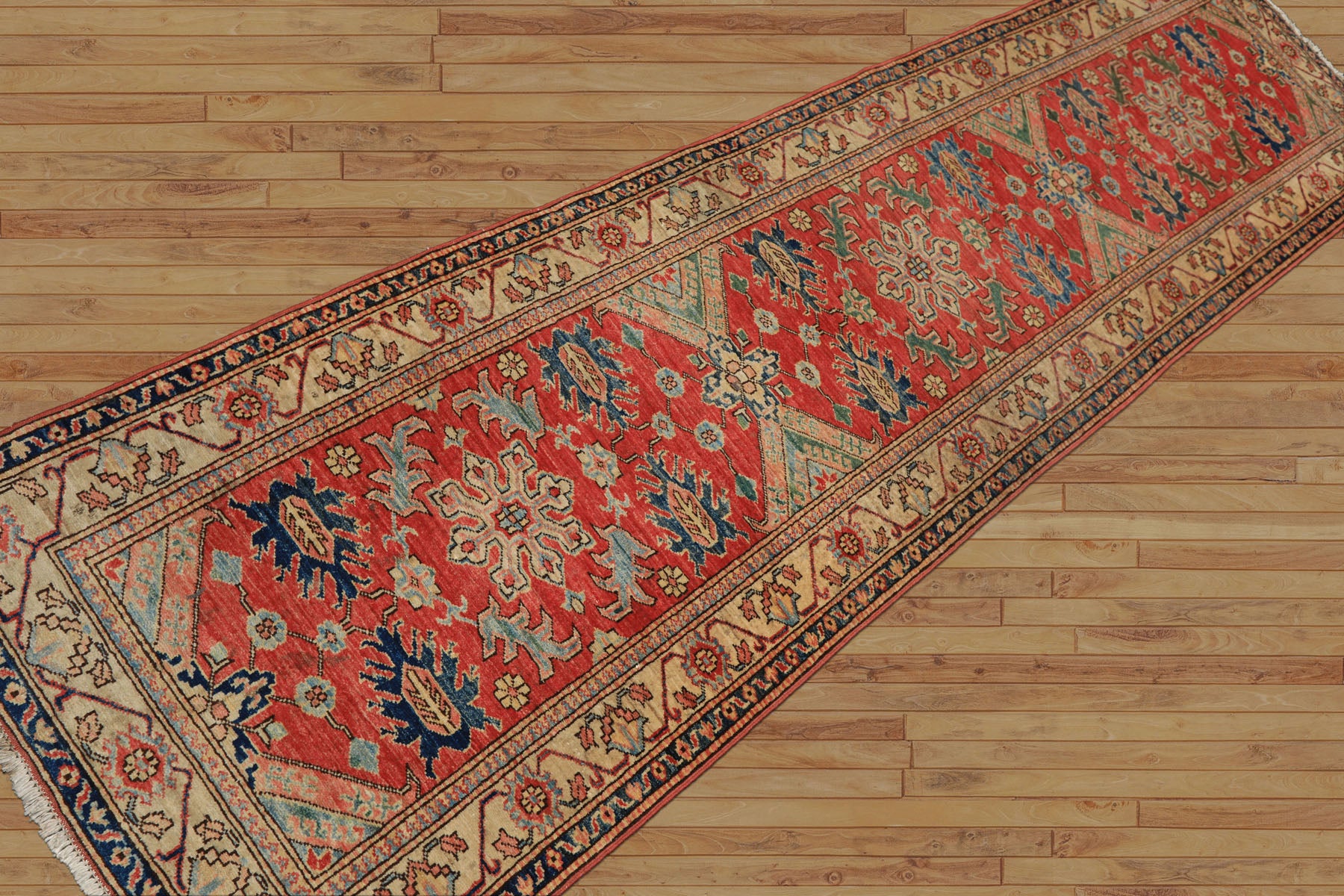 Runner Coral, Moss, Navy Color Hand Knotted Kazak Wool Traditional Oriental Rug