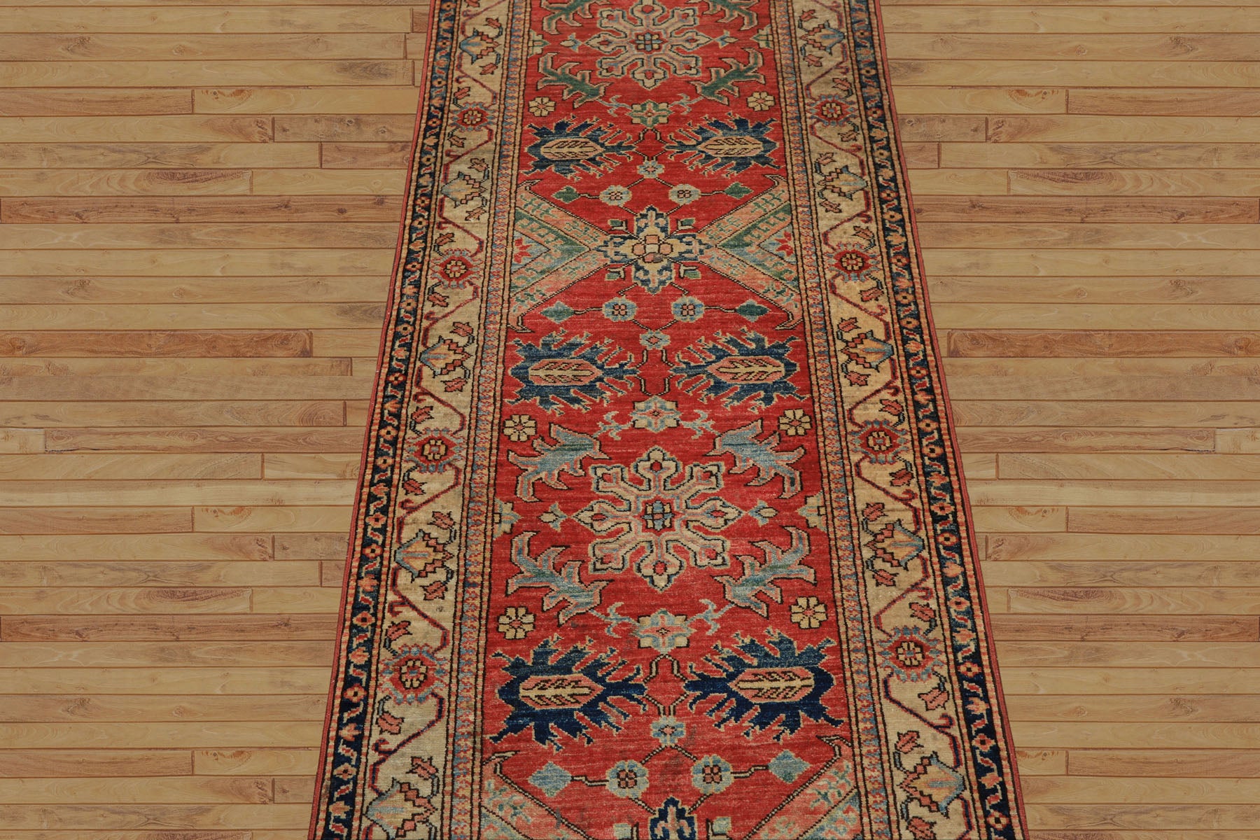 Runner Coral, Moss, Navy Color Hand Knotted Kazak Wool Traditional Oriental Rug
