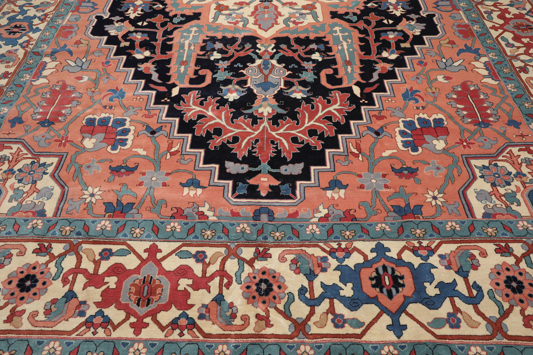 Palace Peach, Midnight Blue, Ivory Color Hand Knotted All-Over 100% Wool Traditional Oriental Rug
